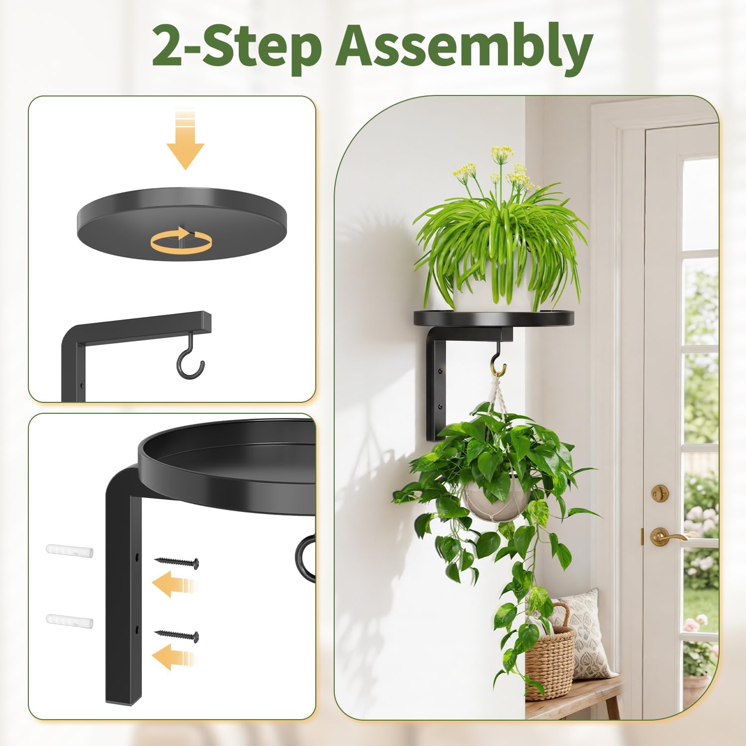 Thumbnail 4 de LASZOLA Plant Hanger Holder, 3-Piece Black Metal Wall-Mounted Set with Hooks