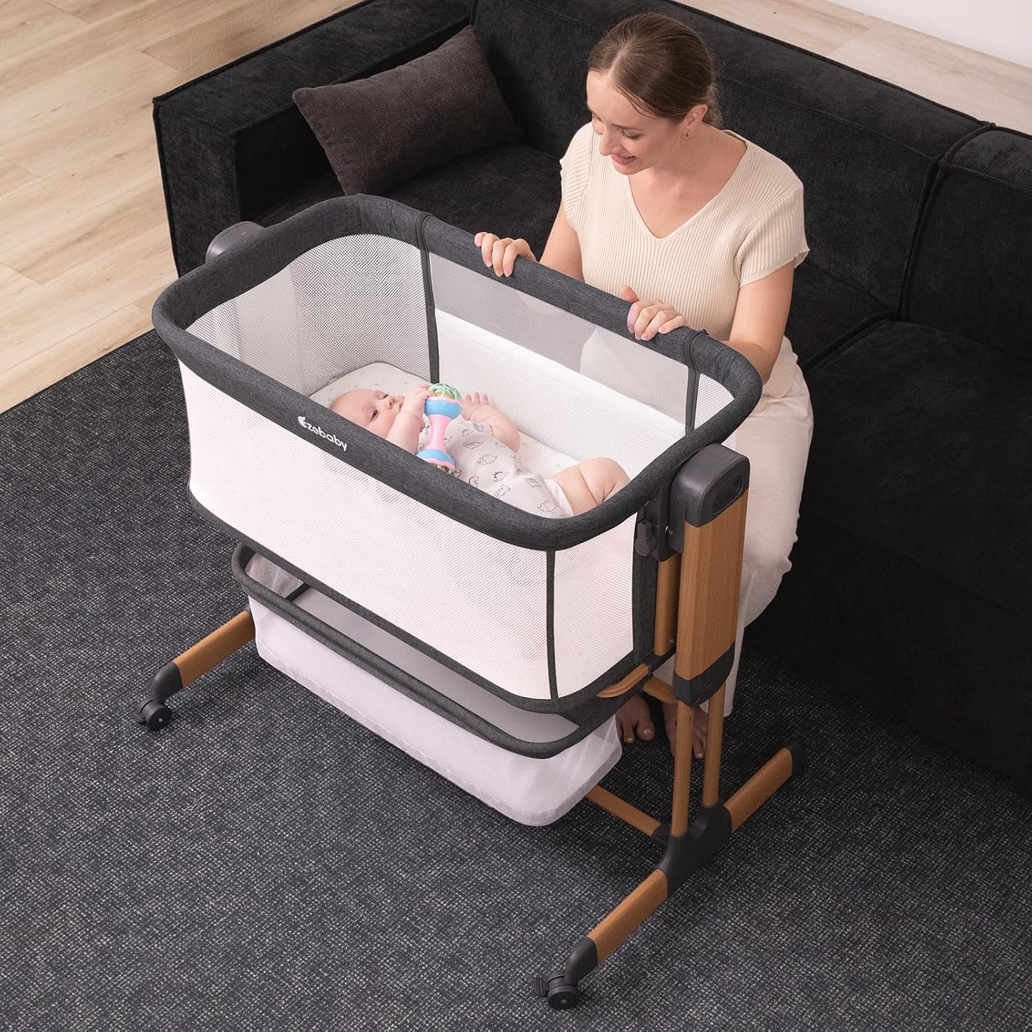 Detalle de Ezebaby OD-B6 3-in-1 Baby Bassinet with Rocking Mode, Mesh Sides and Wheels