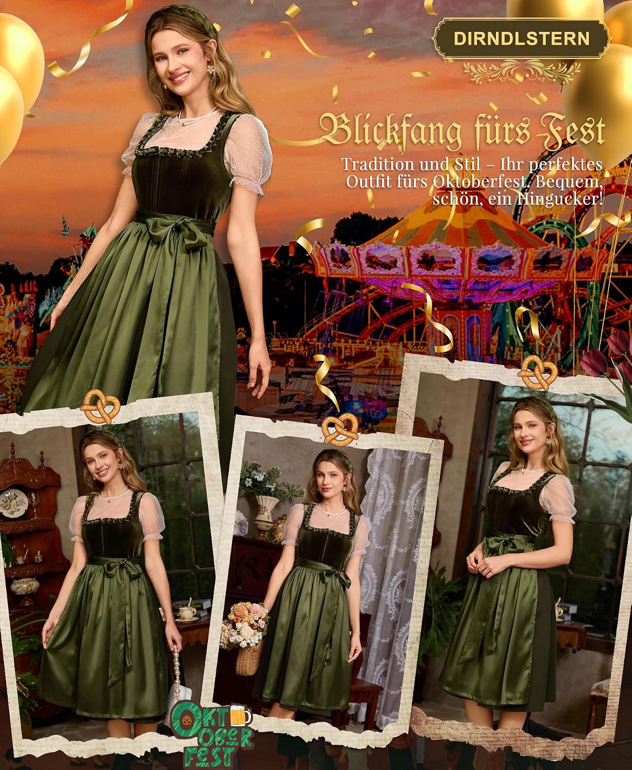 Detalle 2 de DIRNDLSTERN Damen Dirndlkleid Grün Midi – Trachtenkleid für Oktoberfest, Größe 36