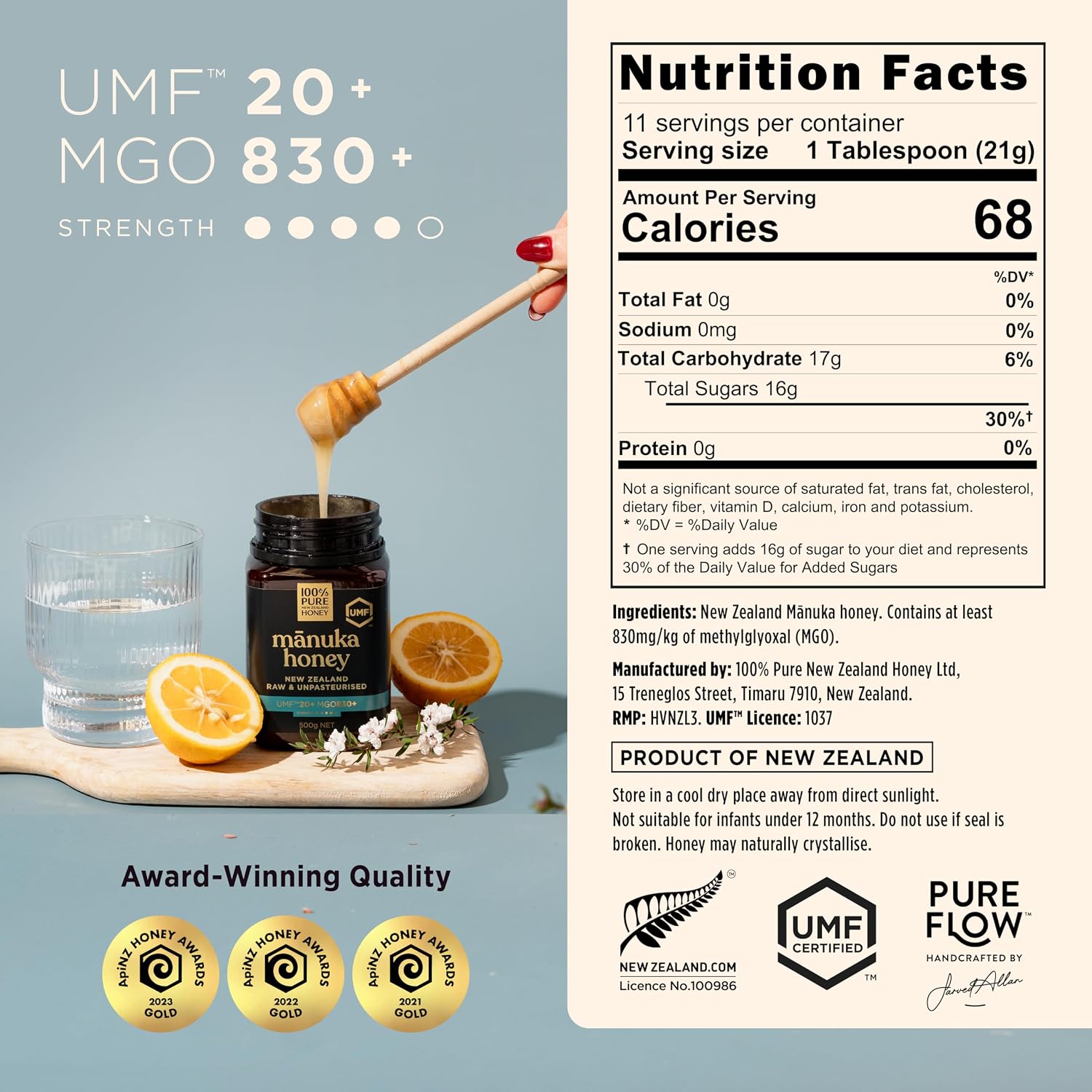 Detalle 2 de 100% Pure New Zealand Honey Raw Manuka Honey UMF 20+, MGO 830+, 8.8 oz