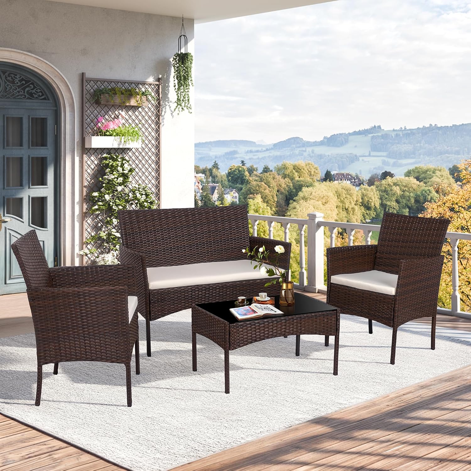 Detalle 2 de Shintenchi BY4VN 4-Piece Patio Furniture Set with PE Wicker and Glass Table