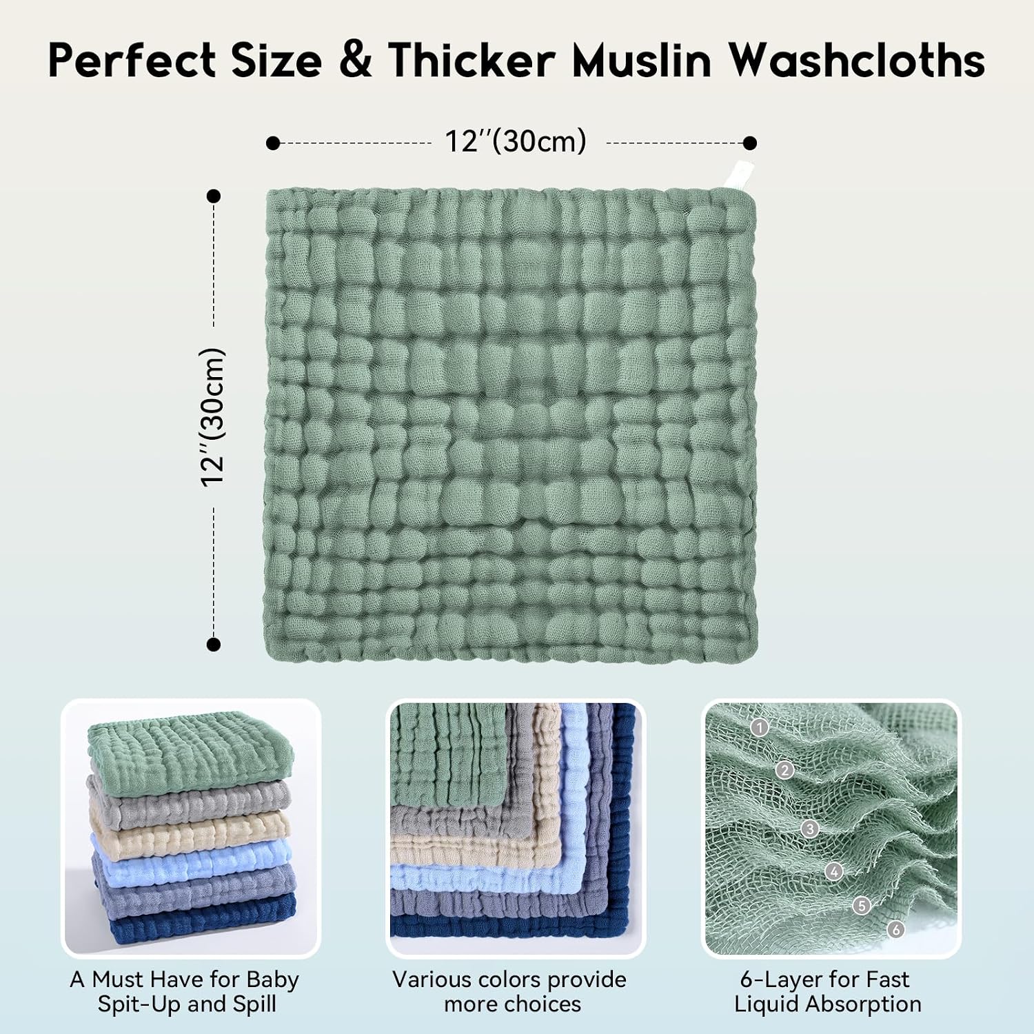 Thumbnail 2 de Unnivoll 6-Pack Muslin Baby Washcloths, 12" x 12", 100% Cotton
