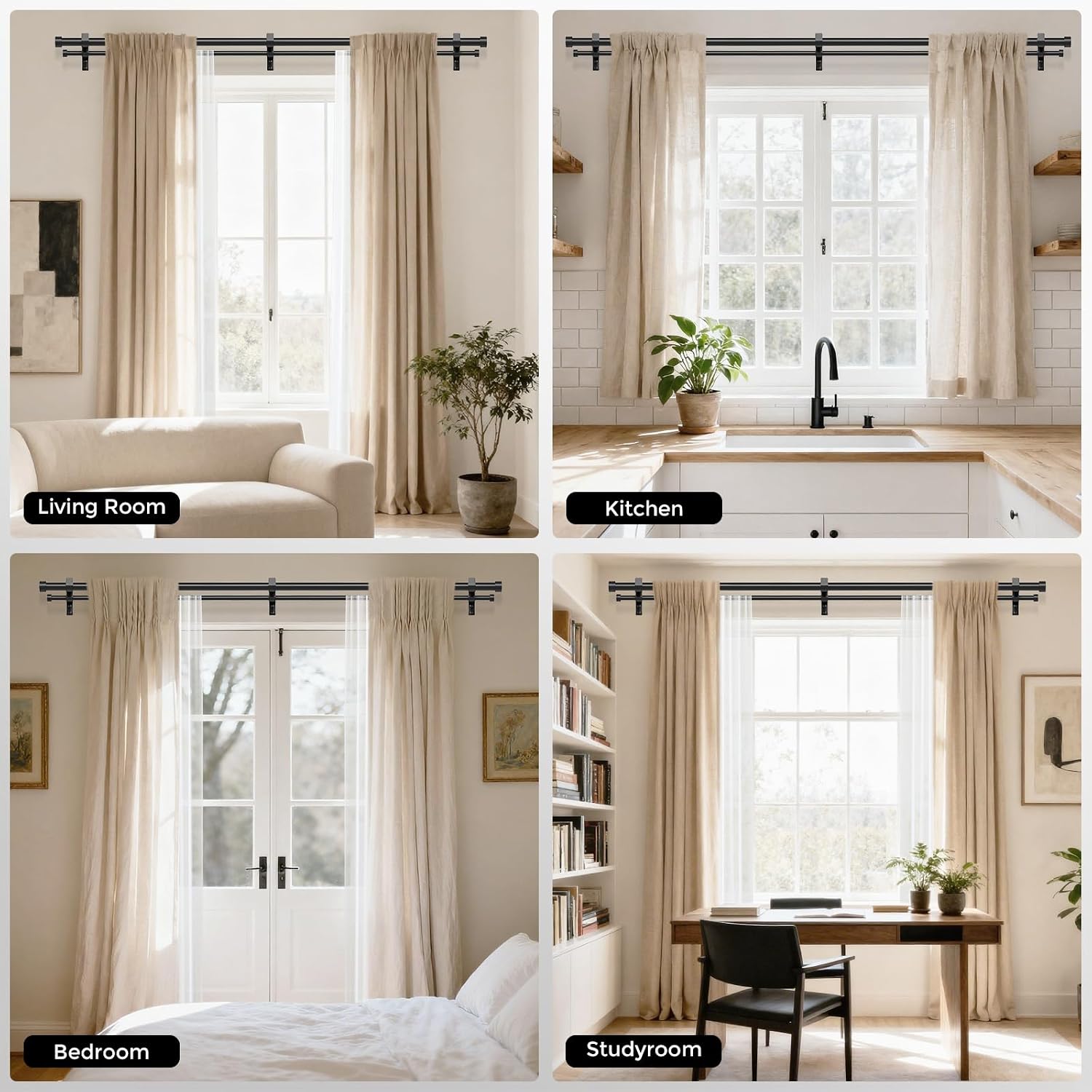 Thumbnail 5 de Black Double Curtain Rod (72 to 144 Inch Extra Long Dual Curtain Rods) Telescopic Metal Drapery Pole Set