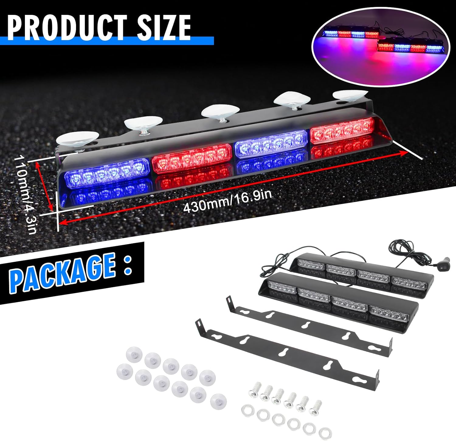 Thumbnail 1 de I LITTON 2-In-1 Red & Blue LED Windshield Dash Strobe Lights with Suction Cups