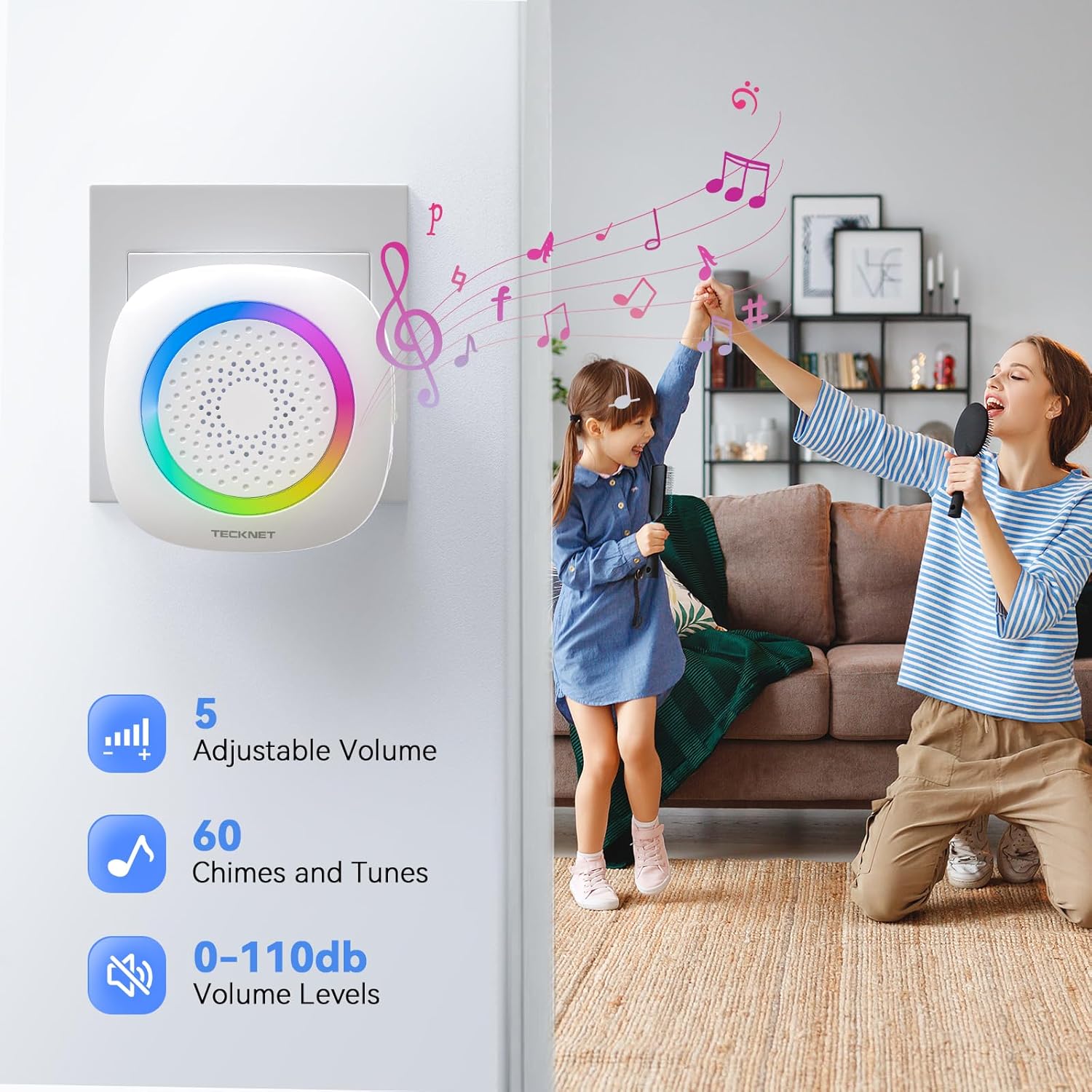 Thumbnail 1 de TECKNET Wireless Doorbell kit with 2 plug-in receivers, 60 chimes and IP66 weatherproof range up to 400m
