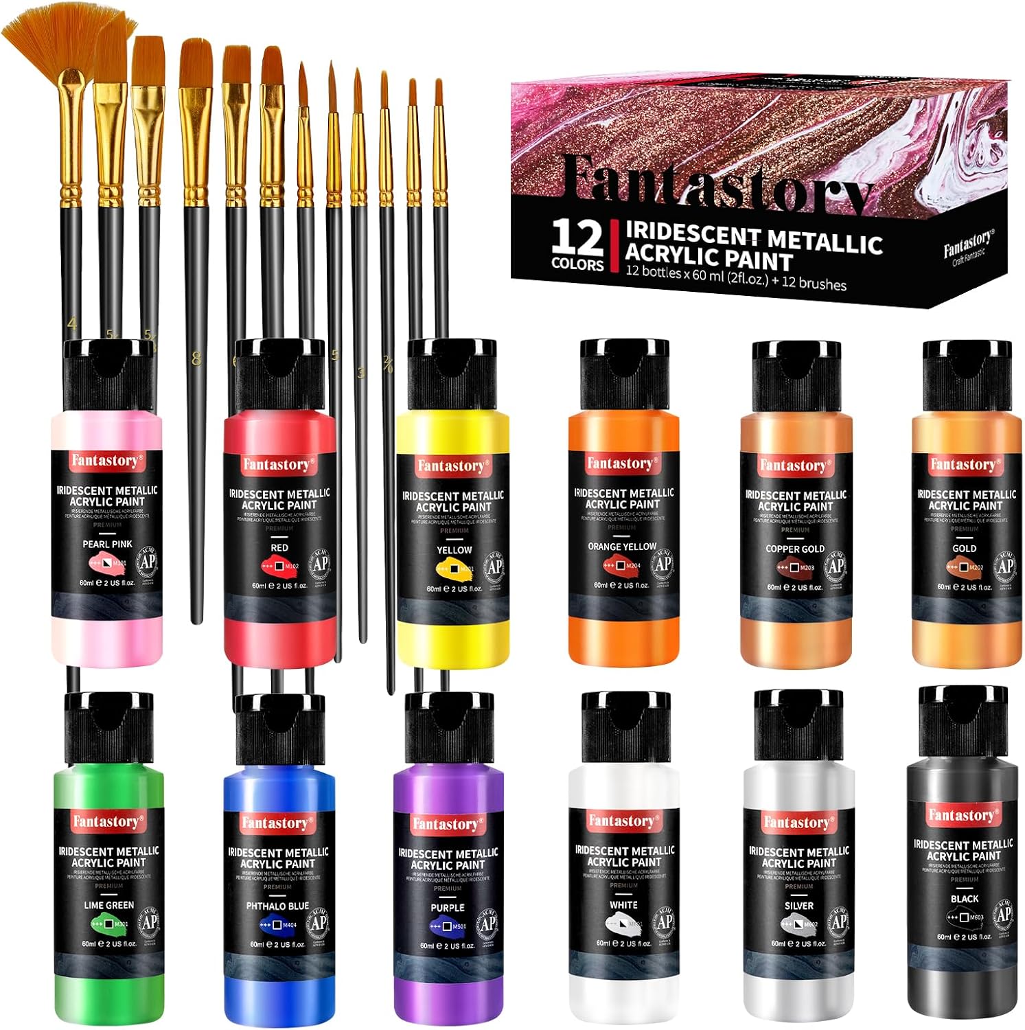 Detalle de fantastory Metallic Iridescent Acrylic Paint Set with 12 Brushes – 12 x 2oz Metallic Colours (Balanced Series)