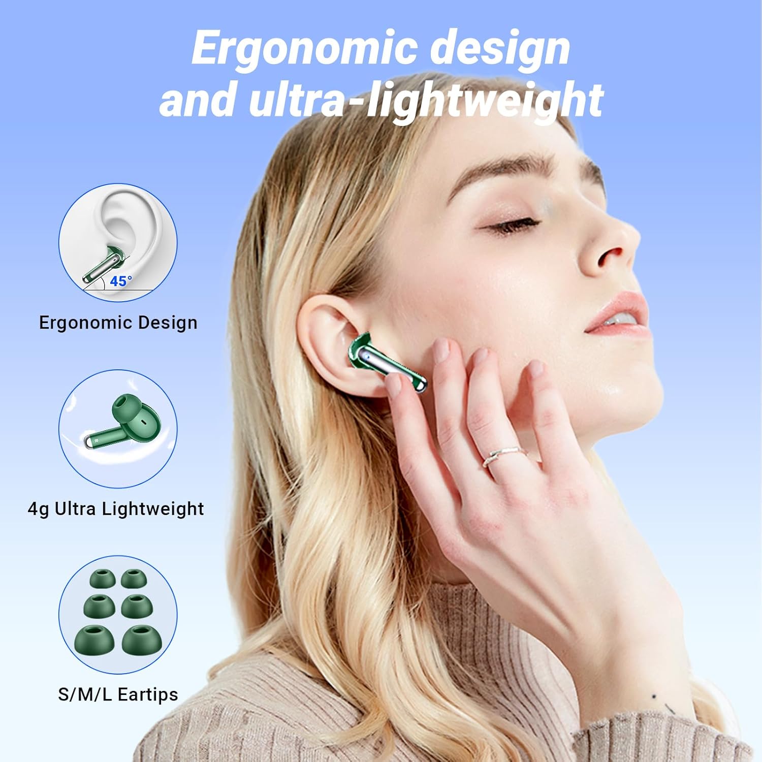 Thumbnail 6 de Wireless Earbuds Bluetooth 5.3 in-ear with 4 ENC Mic, 42h battery, IPX7 waterproof and LED display (Green)