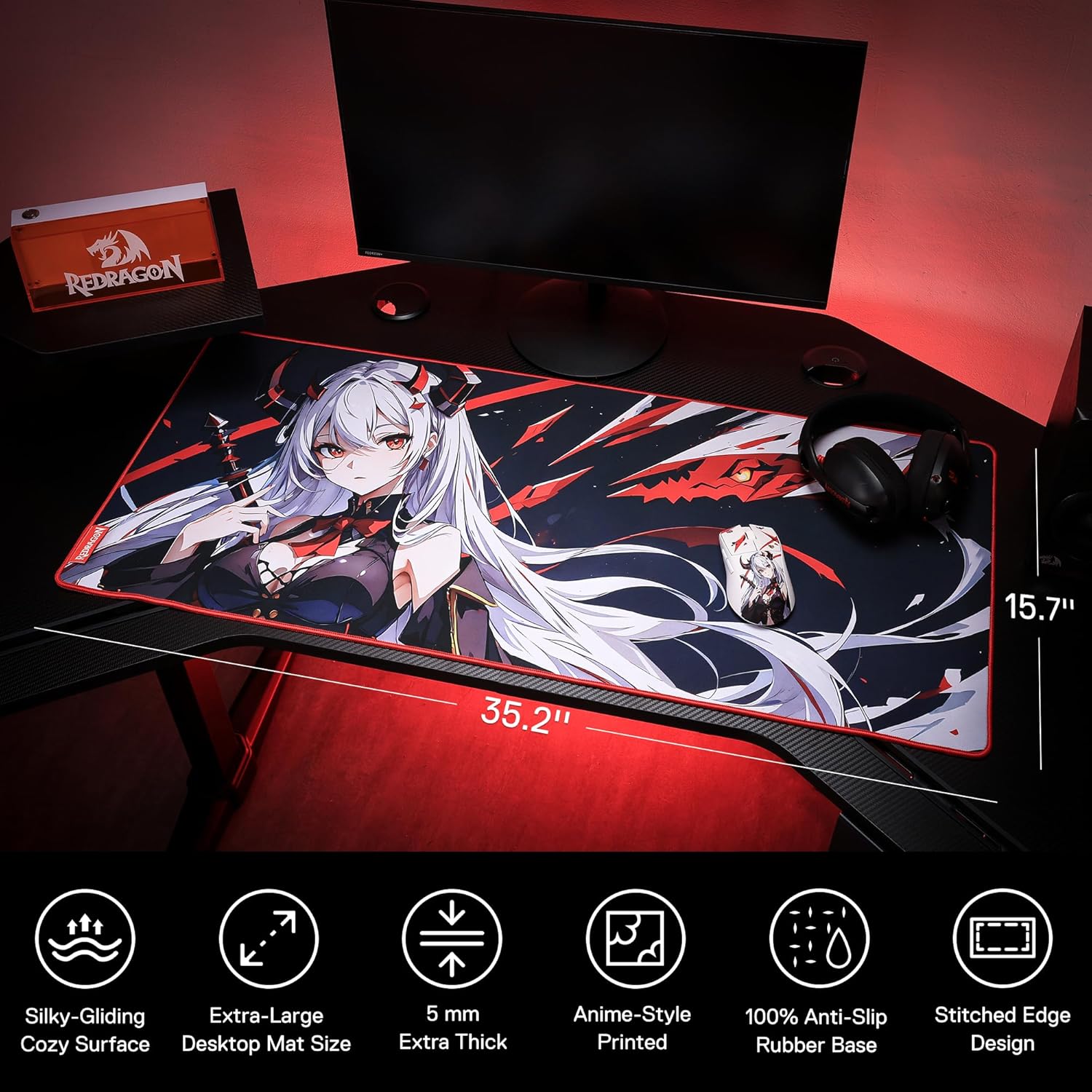 Detalle de Redragon EISA P047L Anime gaming mouse pad (35 x 16 inches) with smooth lycra surface
