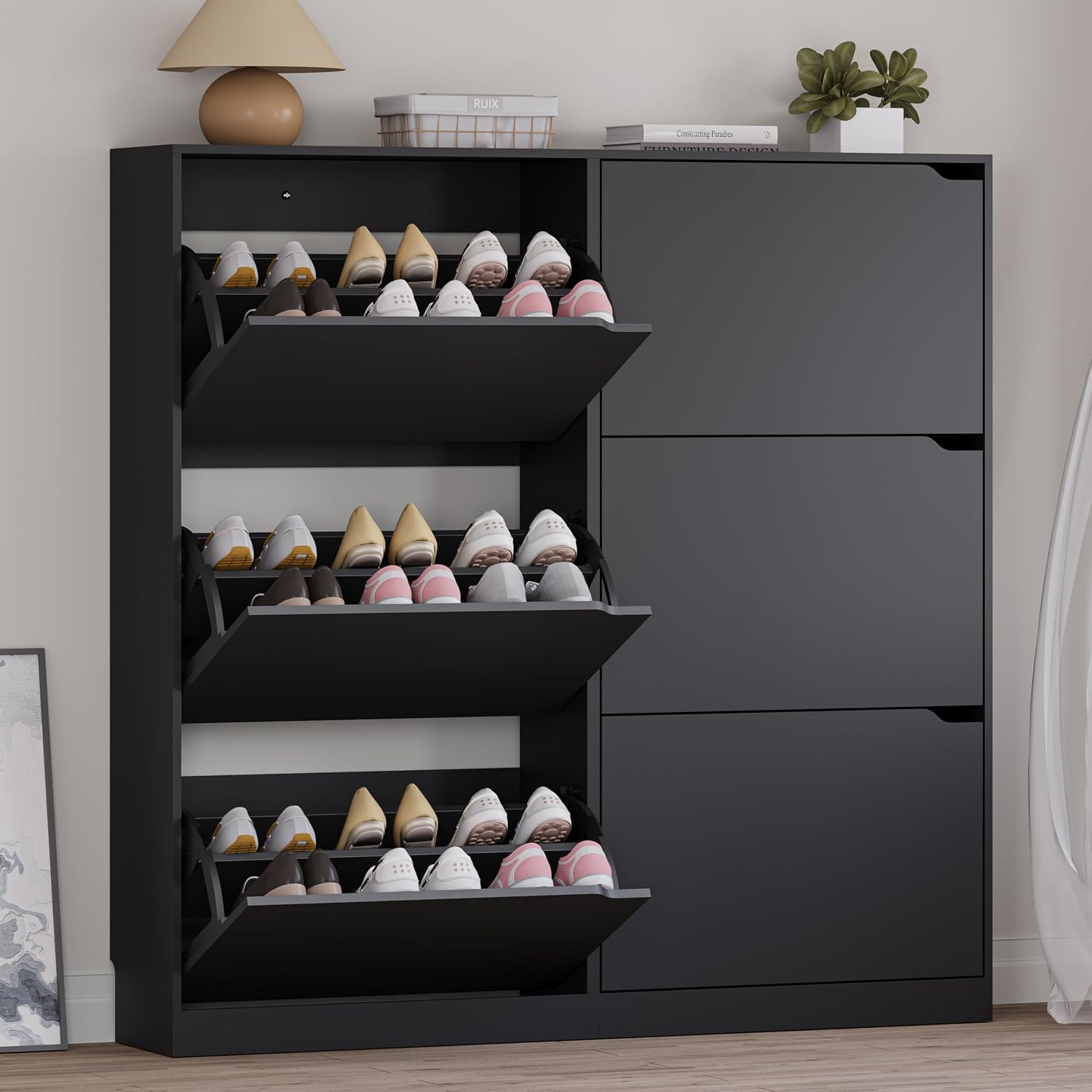 Detalle de BORNOON 6-Drawer Shoe Cabinet with Slim Freestanding Flip-Drawer Storage