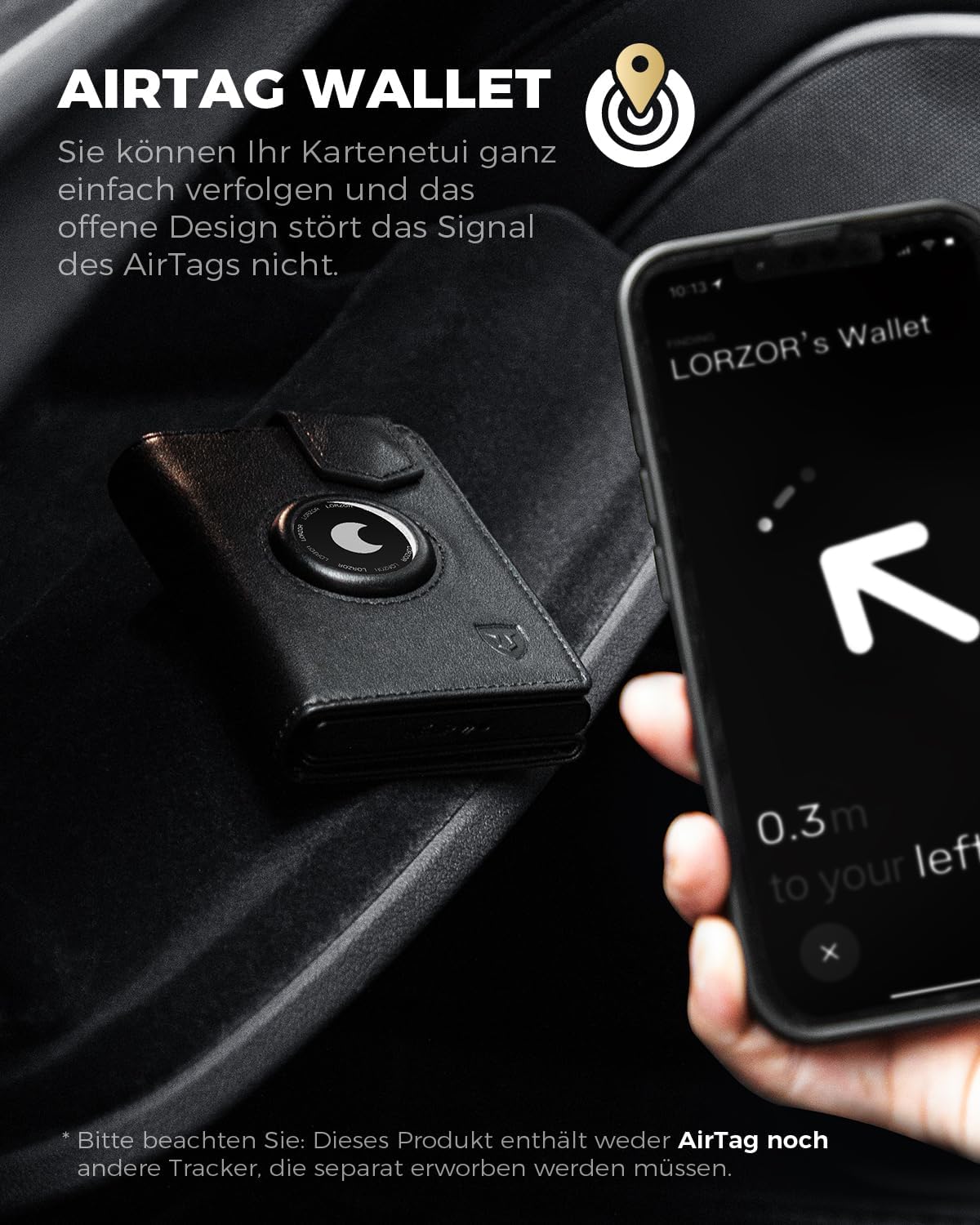 Thumbnail 6 de LORZOR Design für AirTag Wallet – schlanke Herren-Slim-Wallet aus Leder mit Münzfach, RFID-Blocker & Platz für 10 Karten (schwarz)