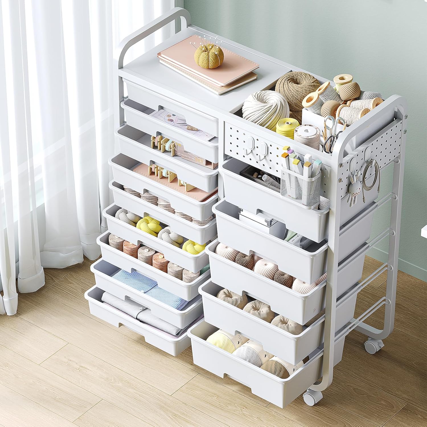 Thumbnail 1 de 14-Drawer Storage Craft Organiser Trolley Cart with DIY Pegboard, Hanging Basket & 4 Hooks (White)