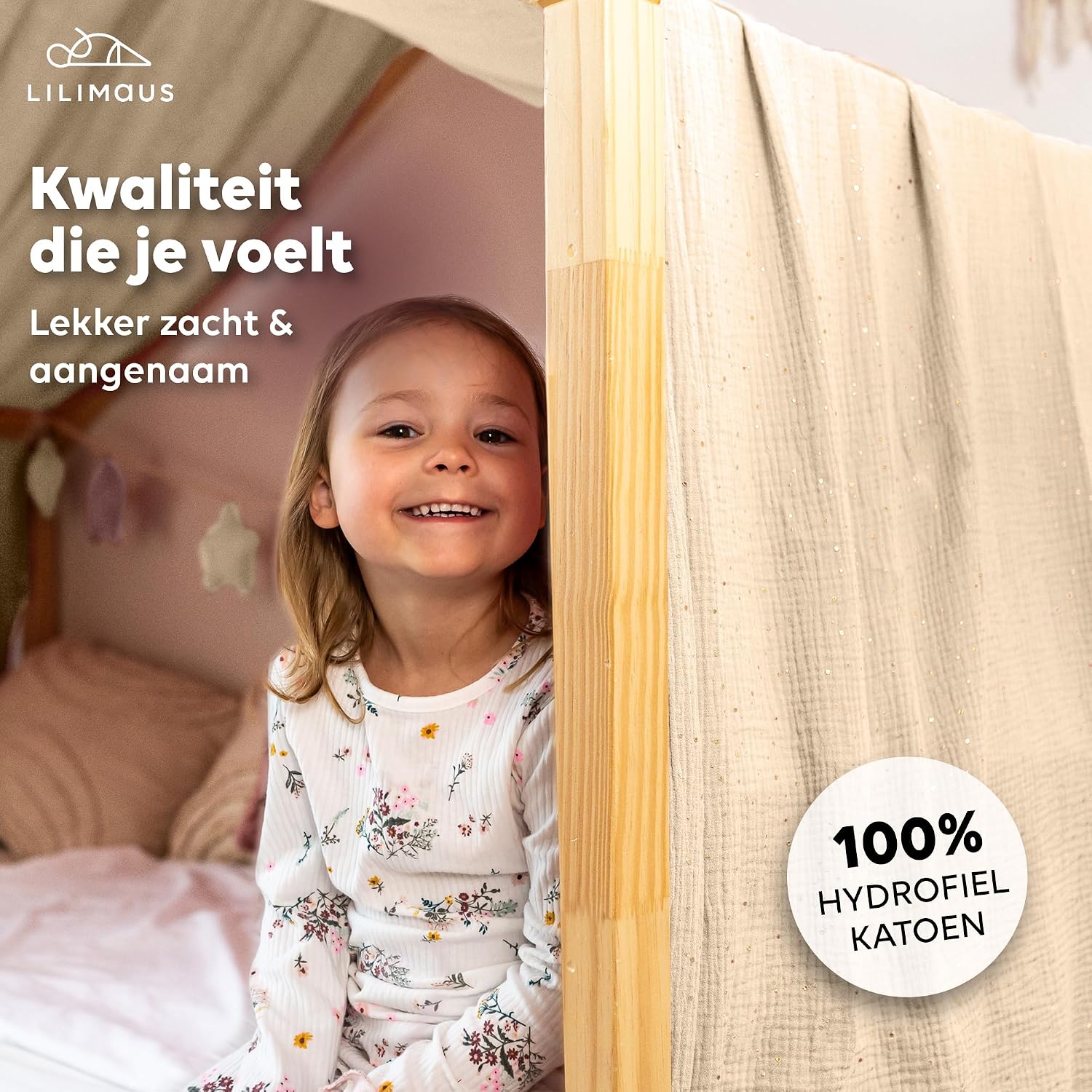 Detalle 2 de lilimaus BH-HB-SINGLE-GOLD-135x420-CREME bedhemel van mousseline katoen