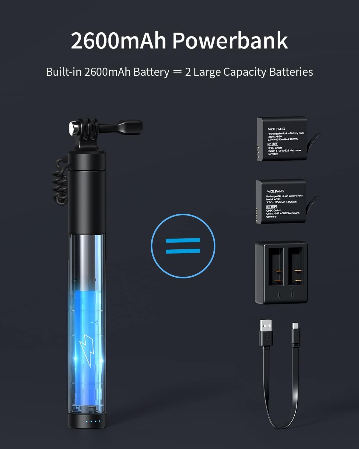 Thumbnail 1 de WOLFANG Action Cam Selfie Stick con power bank da 2600 mAh – Nero GB2200