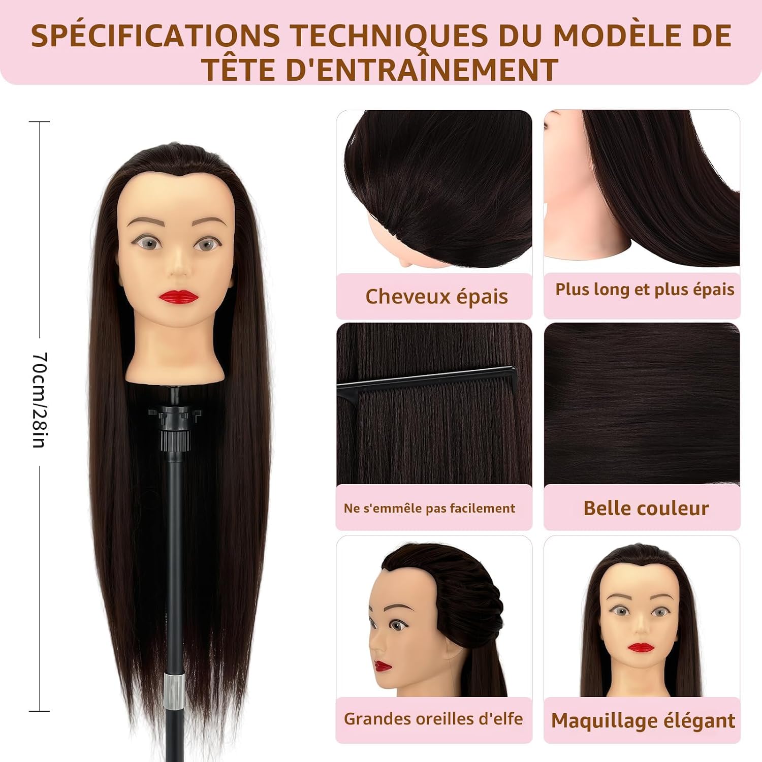 Detalle de Tête à coiffer professionnelle pour enfants avec support – kit complet pour apprentissage en salons et écoles