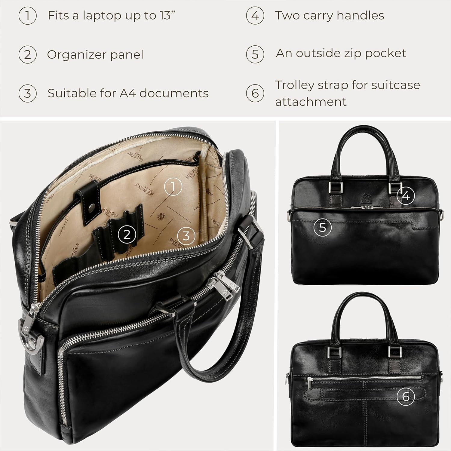 Thumbnail 5 de Time Resistance Leather Laptop Bag – 13 Inch Case with Shoulder Strap (Black)