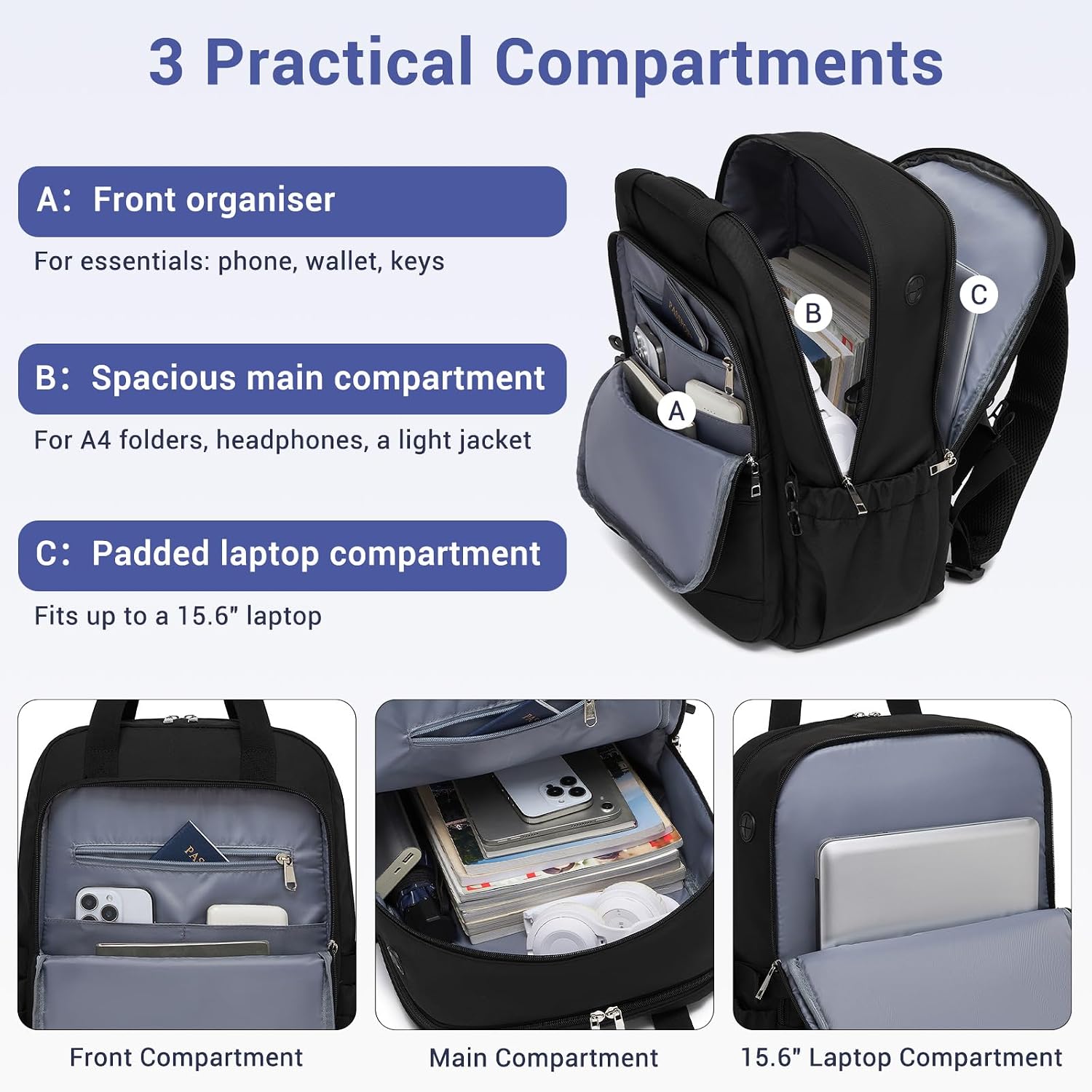 Detalle 2 de Kono Women's Laptop Backpack with Pouch Pocket: Spacious, Water-Resistant Work & Travel Bag for 15.6 Inch Laptops