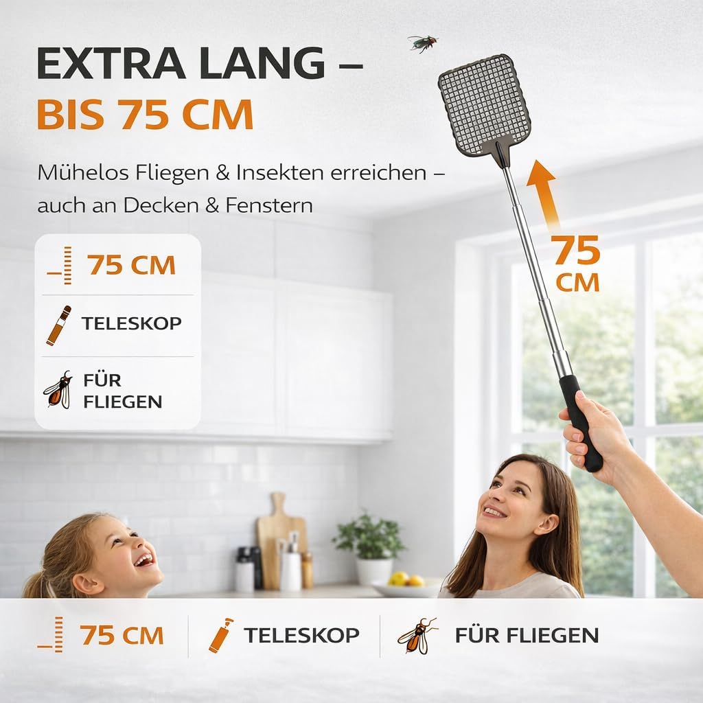 Thumbnail 1 de 2er-Set XXL Insektenklatsche (75 cm) – ausziehbare Teleskop-Fliegenklatsche gegen Fliegen, Mücken & Wespen