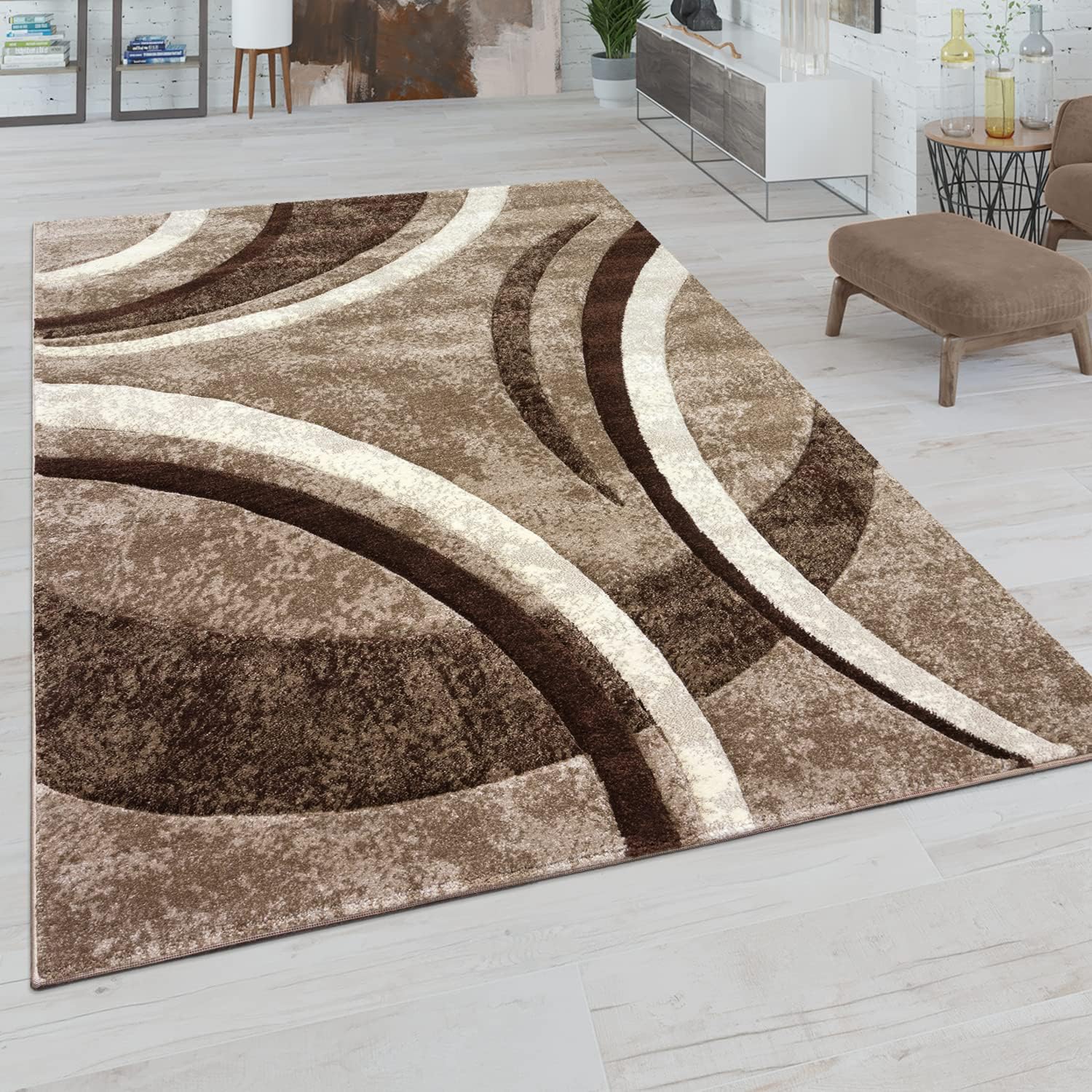 Detalle de Tapis de salon Paco Home à poils courts style vintage marron (80 x 150 cm), contours découpés effet 3D