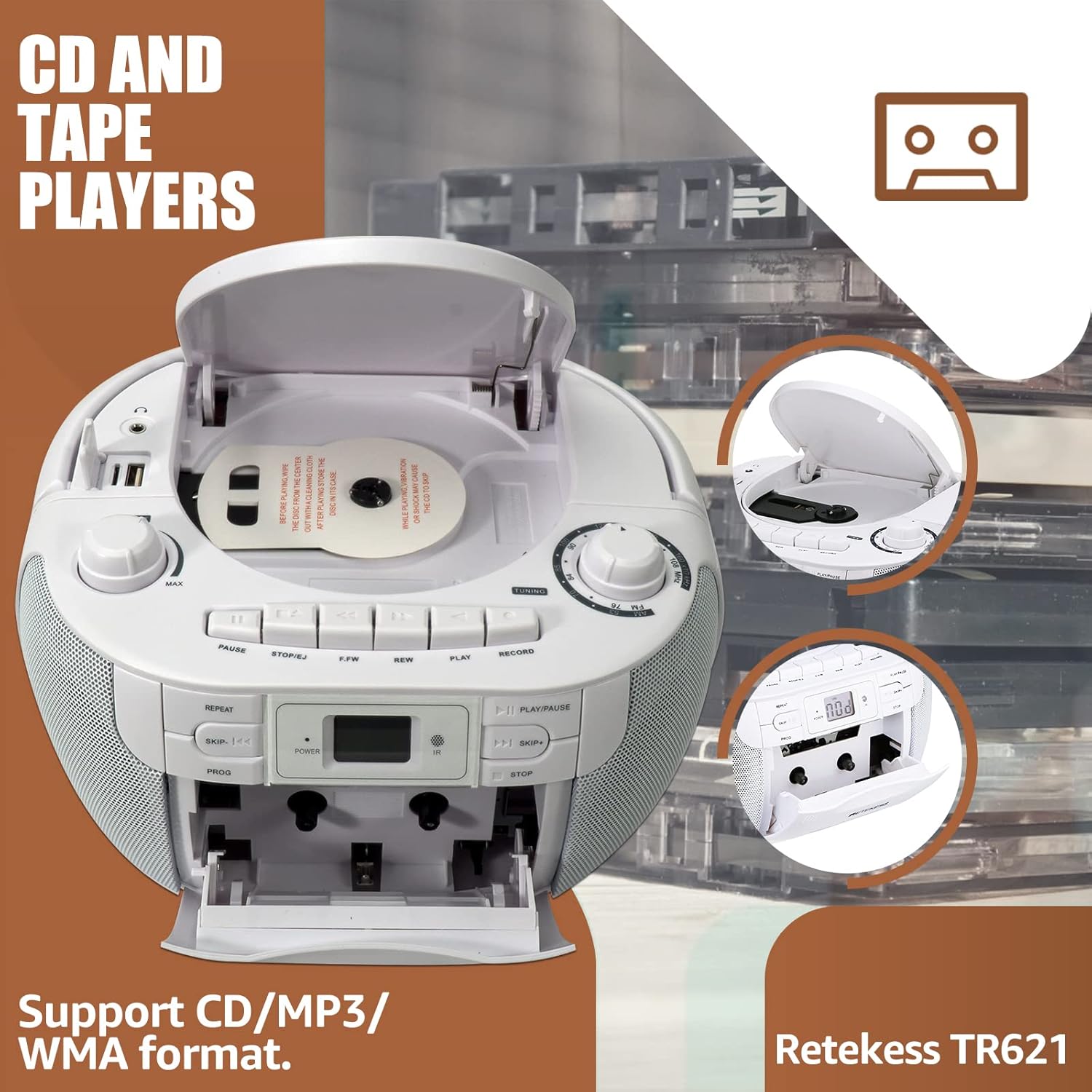Detalle 2 de Retekess TR621 CD Cassette Boombox with AM/FM Radio, USB and Micro SD