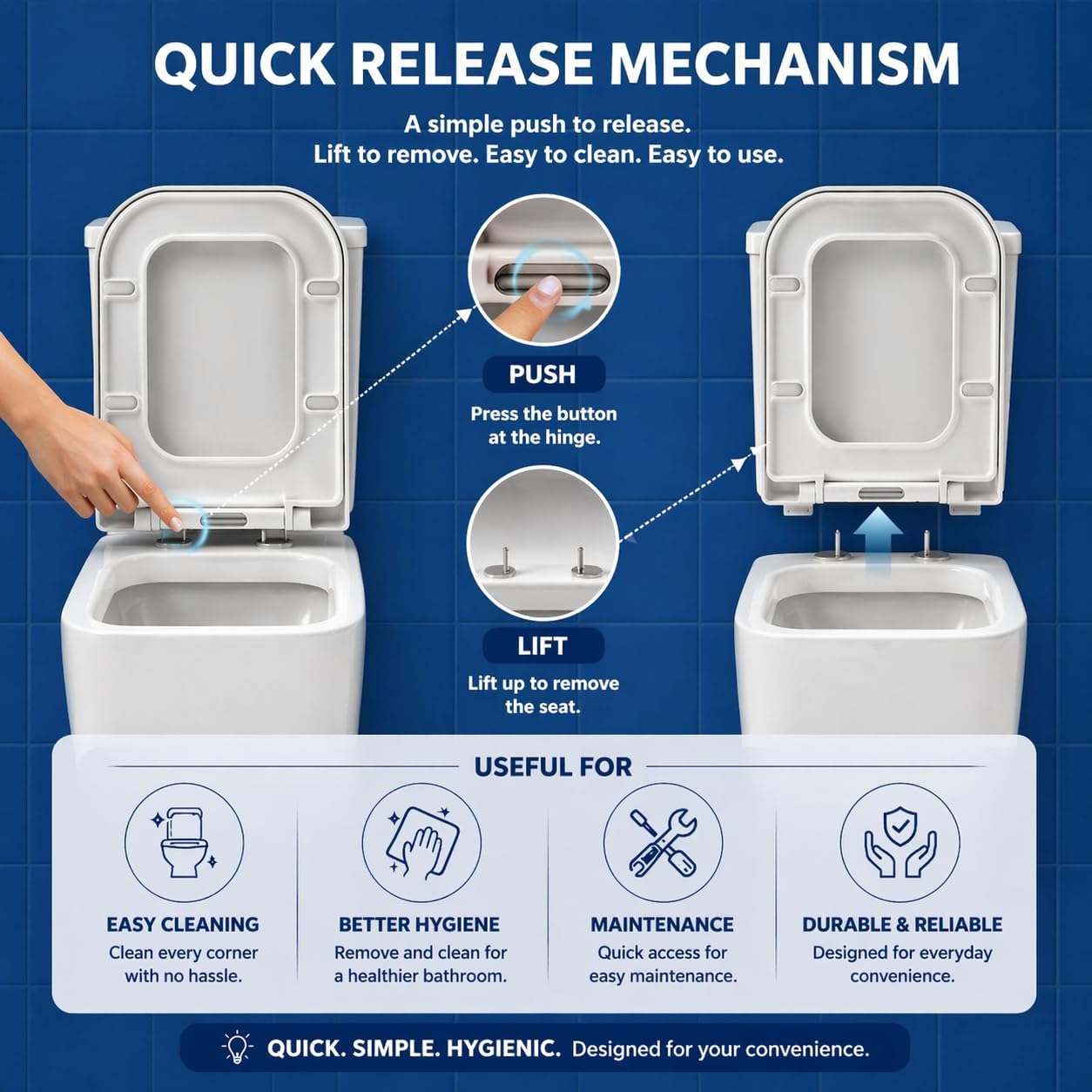 Thumbnail 3 de MASS DYNAMIC Square Toilet Seat with Soft-CClose, Quick Release & Top Fixing Hinges