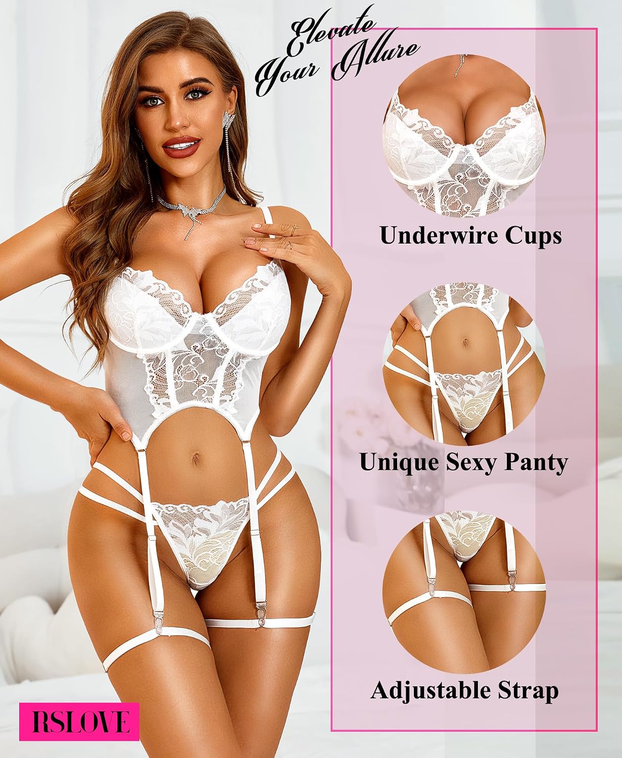 Detalle de RSLOVE Ensemble Lingerie Sexy Femme – Body Dentelle, Nuisette Babydoll avec Porte-Jarretelles