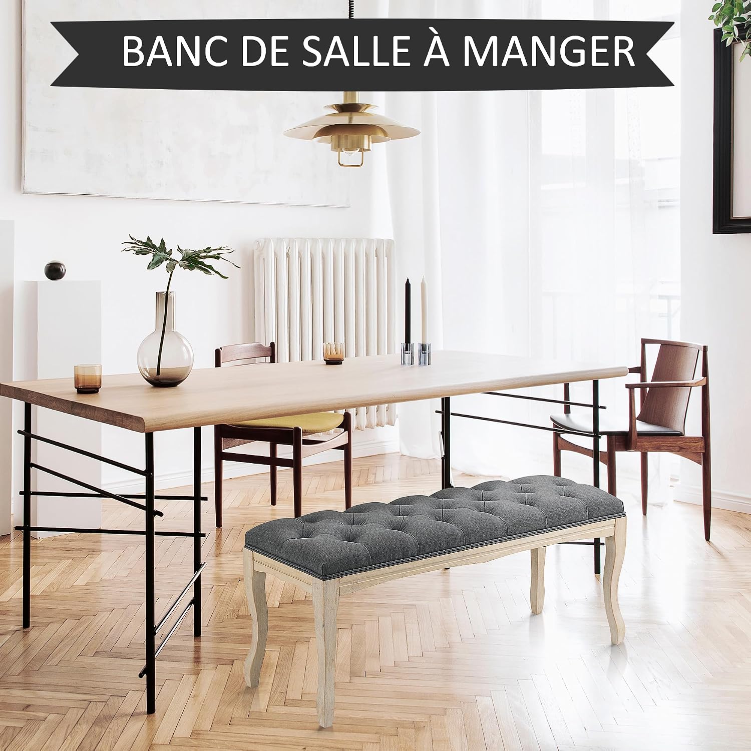 Detalle de HOMCOM banquette capitonnée en lin style classique chic, 110 cm, piètement en bois d’hévéa sculpté