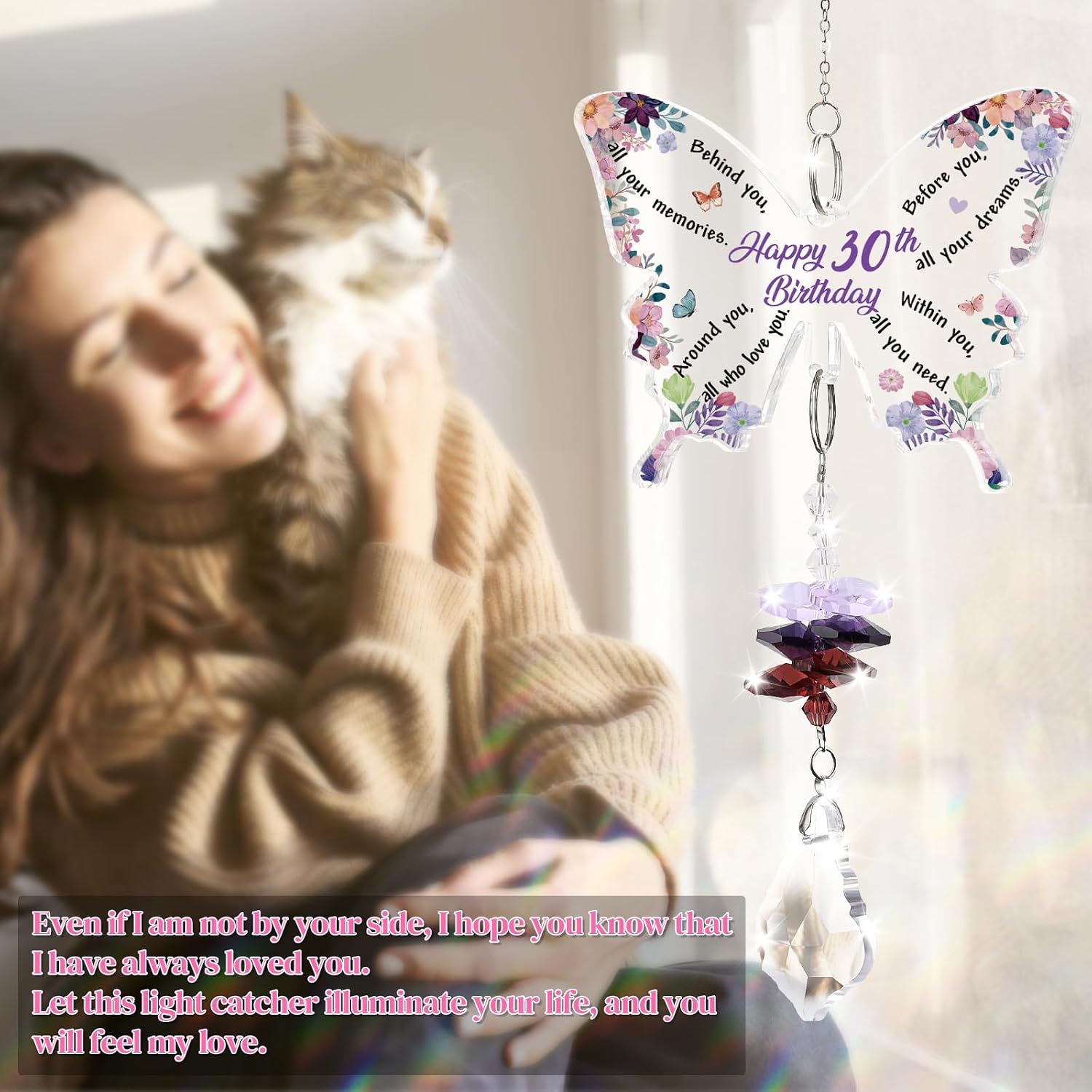 Detalle de KAAYEE 30th Birthday Butterfly Crystal Suncatcher Gift – Amethyst Pendant, Engraved Keepsake