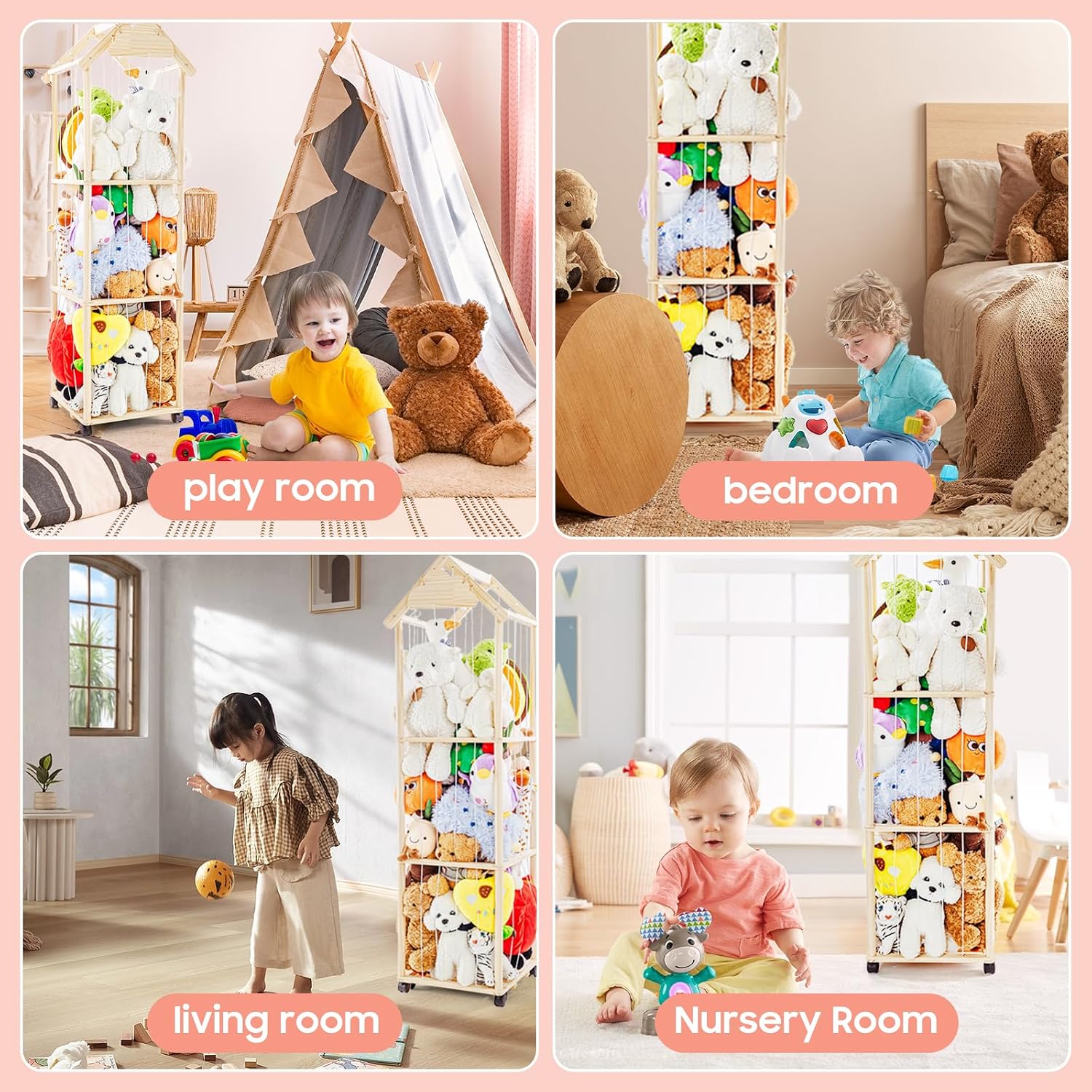 Detalle de Holz Kuscheltier Aufbewahrung mit 360°-Bremse-Rädern (150 x 40 x 40 cm) – Plüschtiere Regal für Kinderzimmer