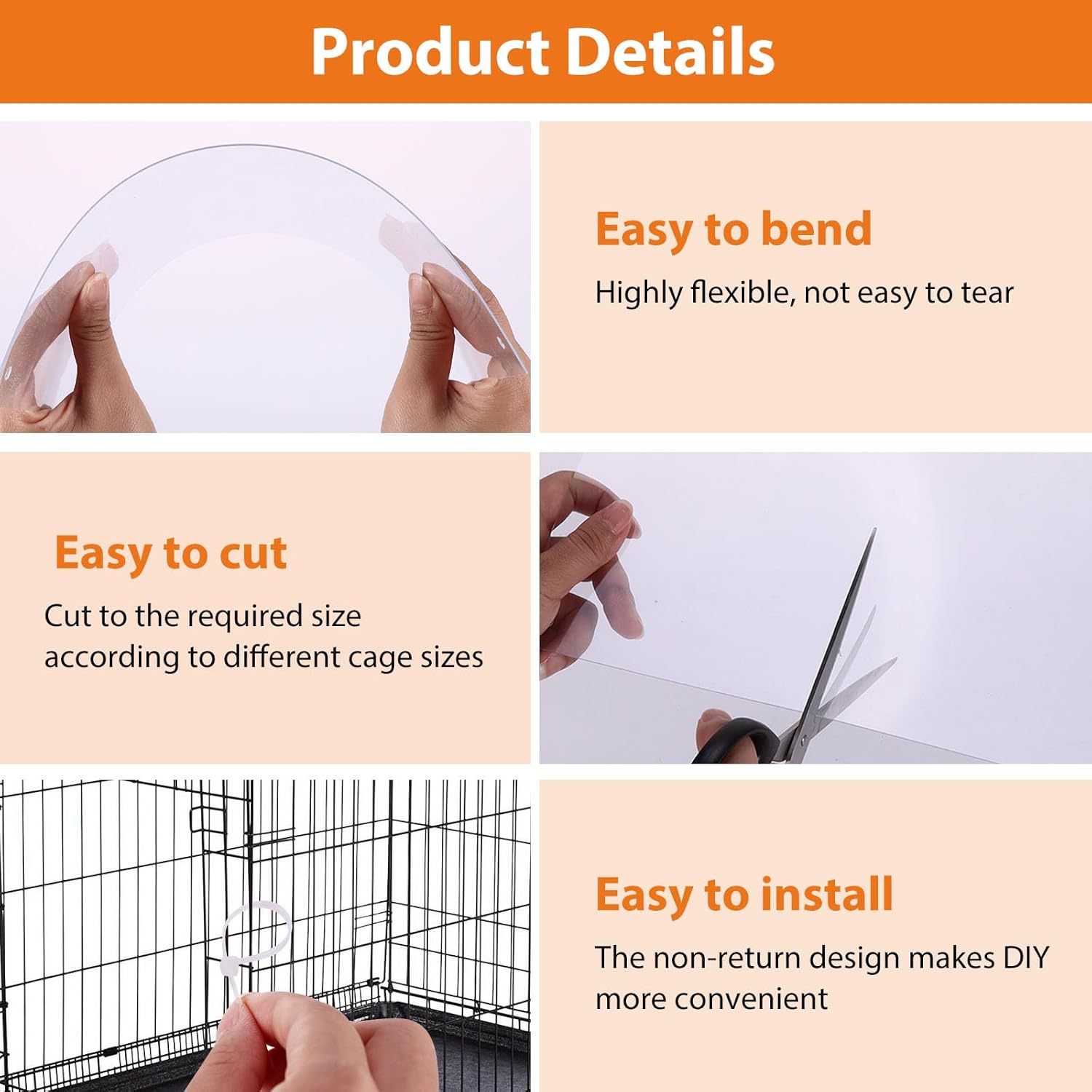 Detalle de Tryora Pet Cage Liner Panels 12PCS + 100 Cable Ties – Clear PVC Urine Guard for Small Animal Cages