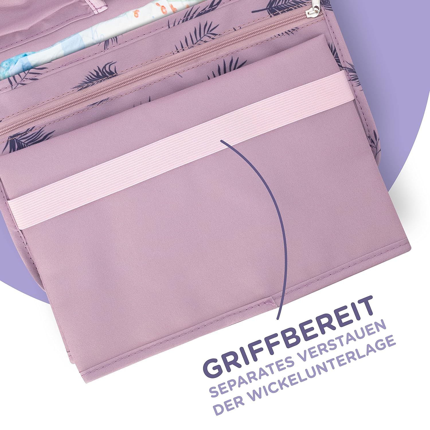 Detalle de Jubi Windeltasche mit Wickelunterlage für unterwegs – Kleine, platzsparende Wickeltasche in Lila mit Palmen (Klettverschluss)