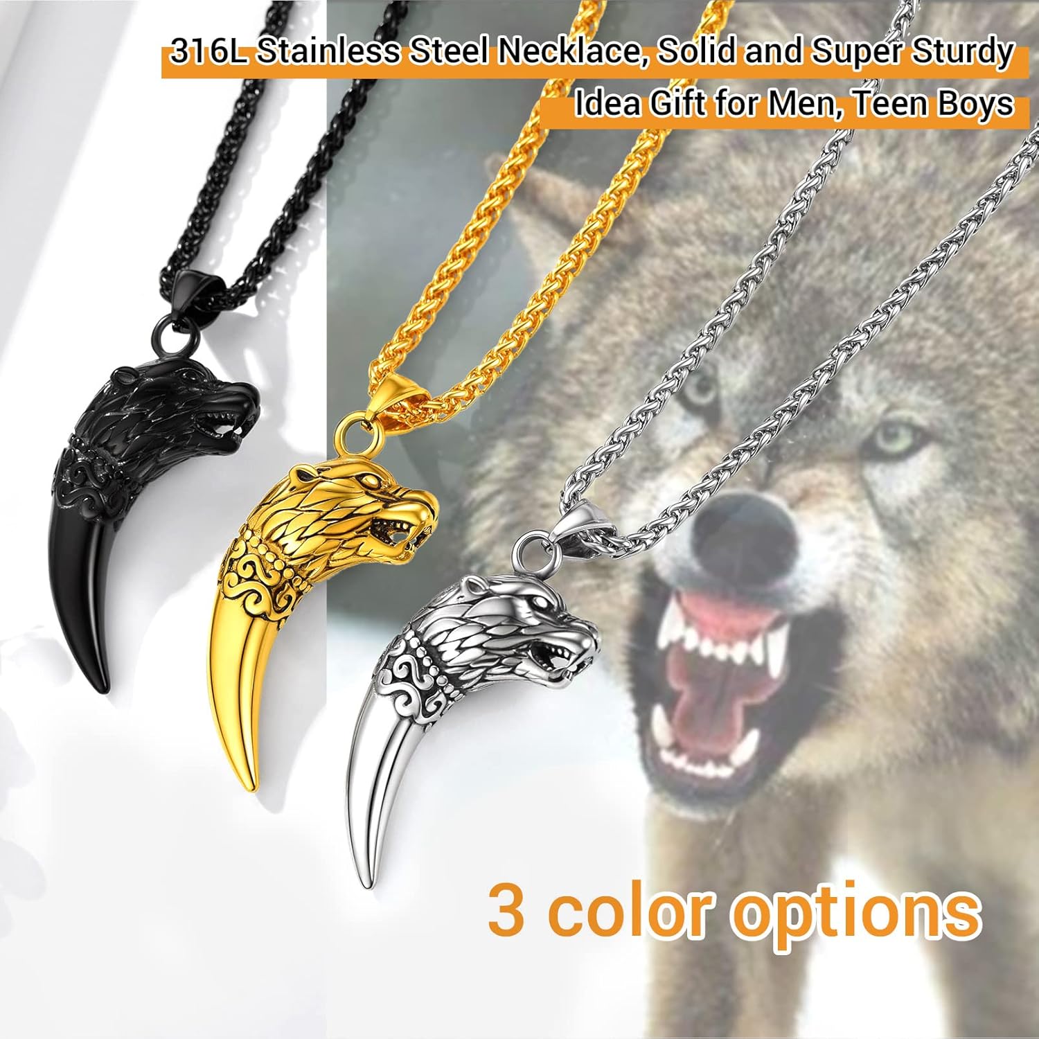 Thumbnail 5 de Collier PROSTEEL dent de loup pour homme en acier inoxydable 316L et plaqué or, chaîne ajustable 55 cm