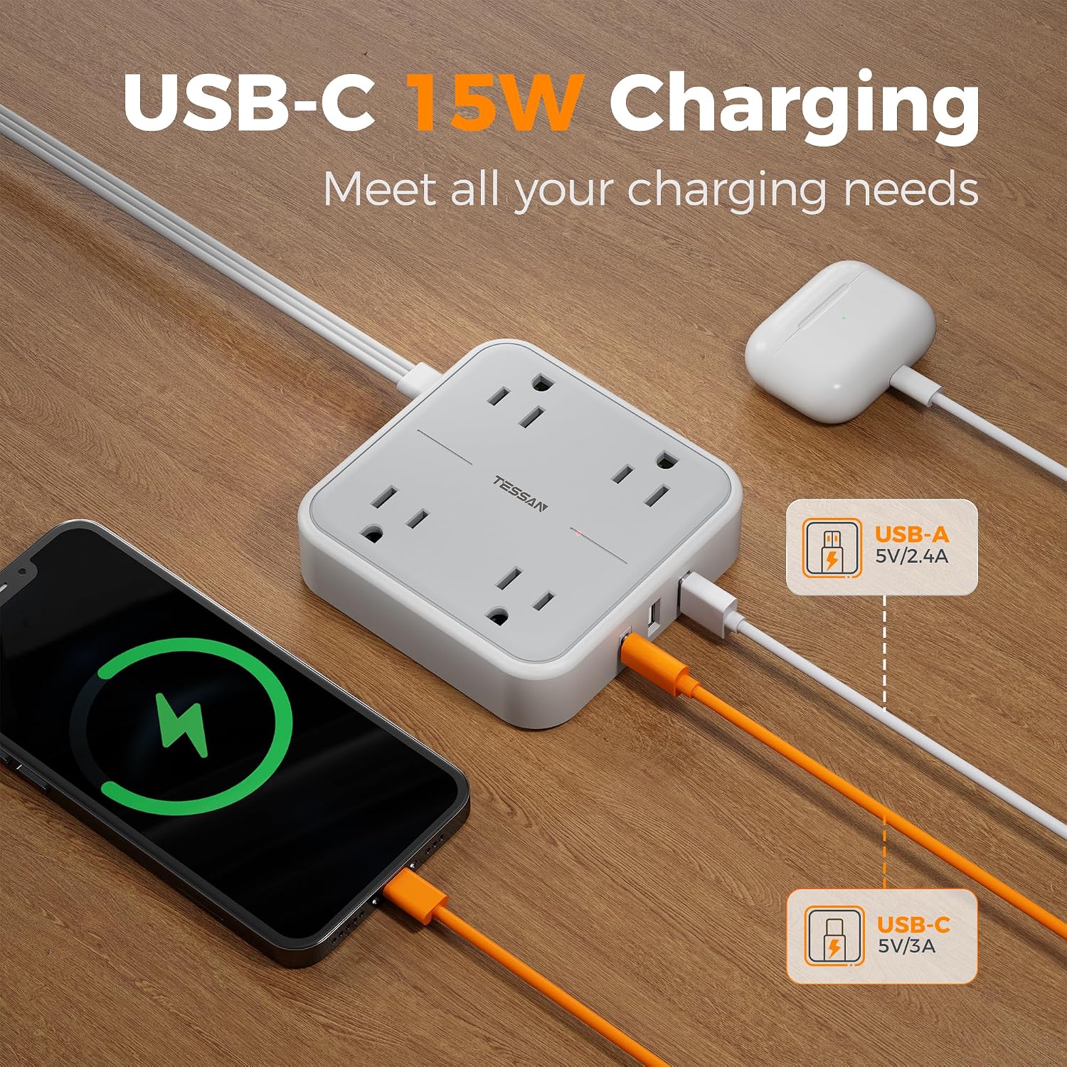 Thumbnail 3 de TESSAN TS-102-C-SP Surge Protector Power Strip, 4 Outlets, 3 USB Ports