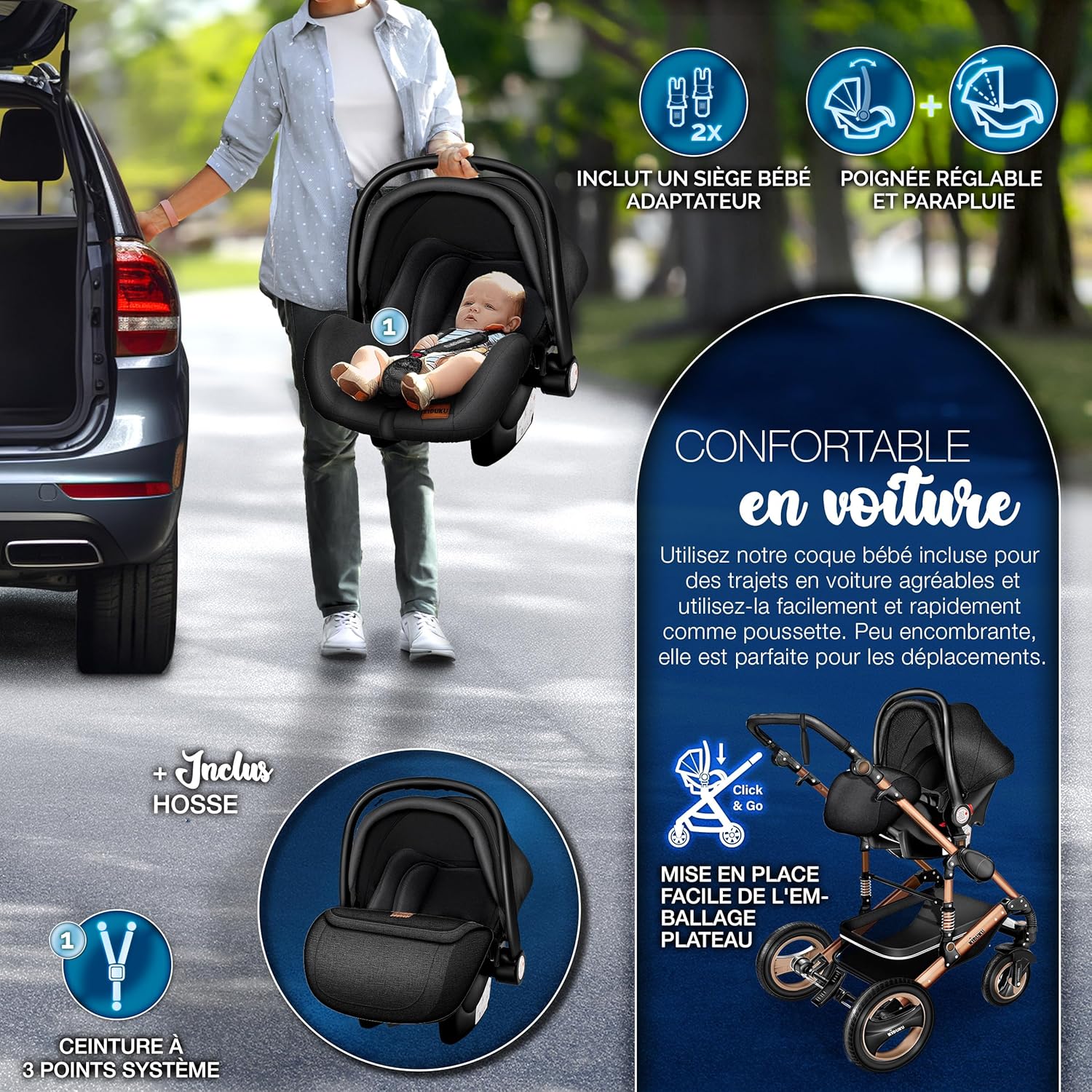 Thumbnail 5 de KIDUKU Poussette Combinée 3 en 1 – Trio tout-en-un (Noir/Champagne), siège auto léger et nacelle convertibles