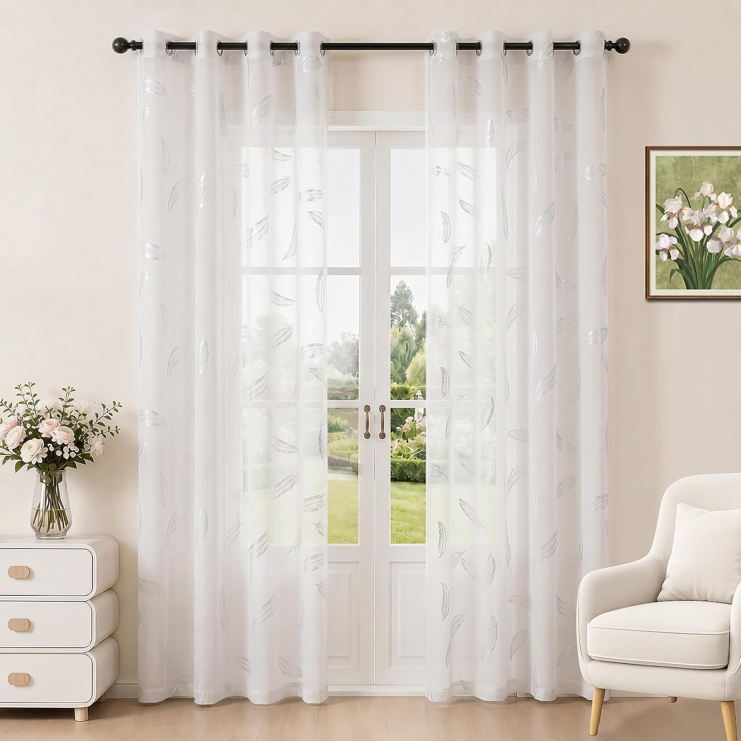 Rideau Salon Moderne Lot de 2 – Plumage argenté chaud, 140x260 cm, beige