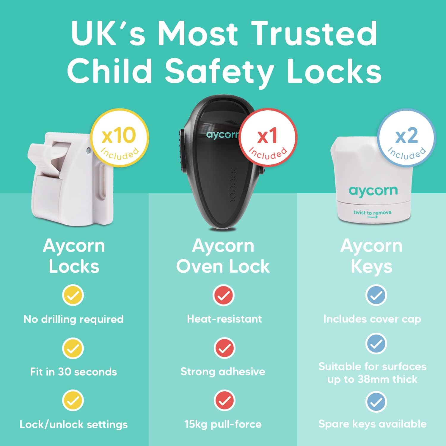 Detalle de AYCORN Magnetic Safety Cupboard Locks (10x) & Oven Lock (1x) with 2 Keys – Child Safety for Kitchen, Cabinets, and Drawers