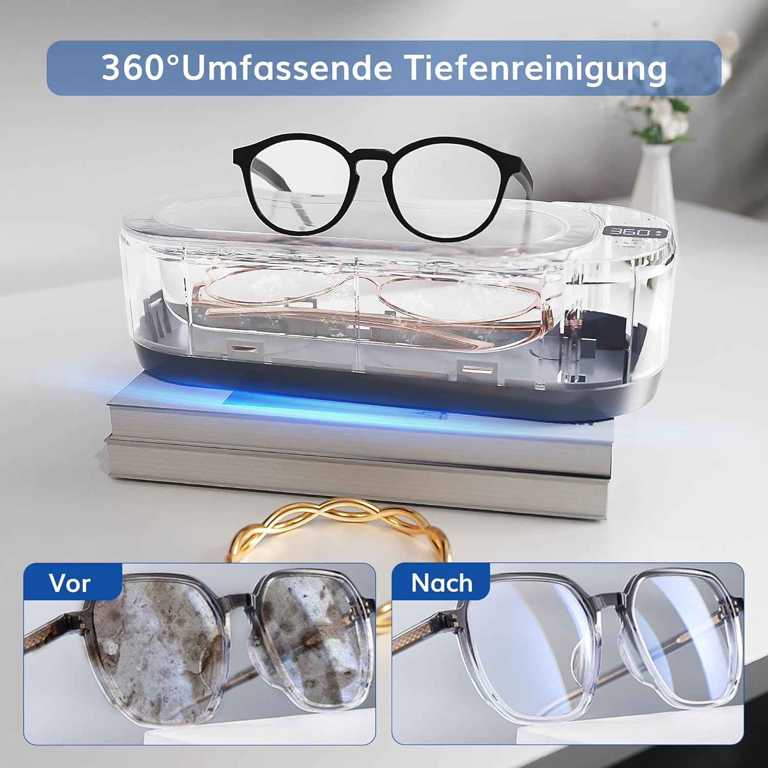 Detalle de Kunphy Nettoyeur à ultrasons 48 kHz (350 ml) avec minuterie numérique pour lunettes, bijoux et petites pièces