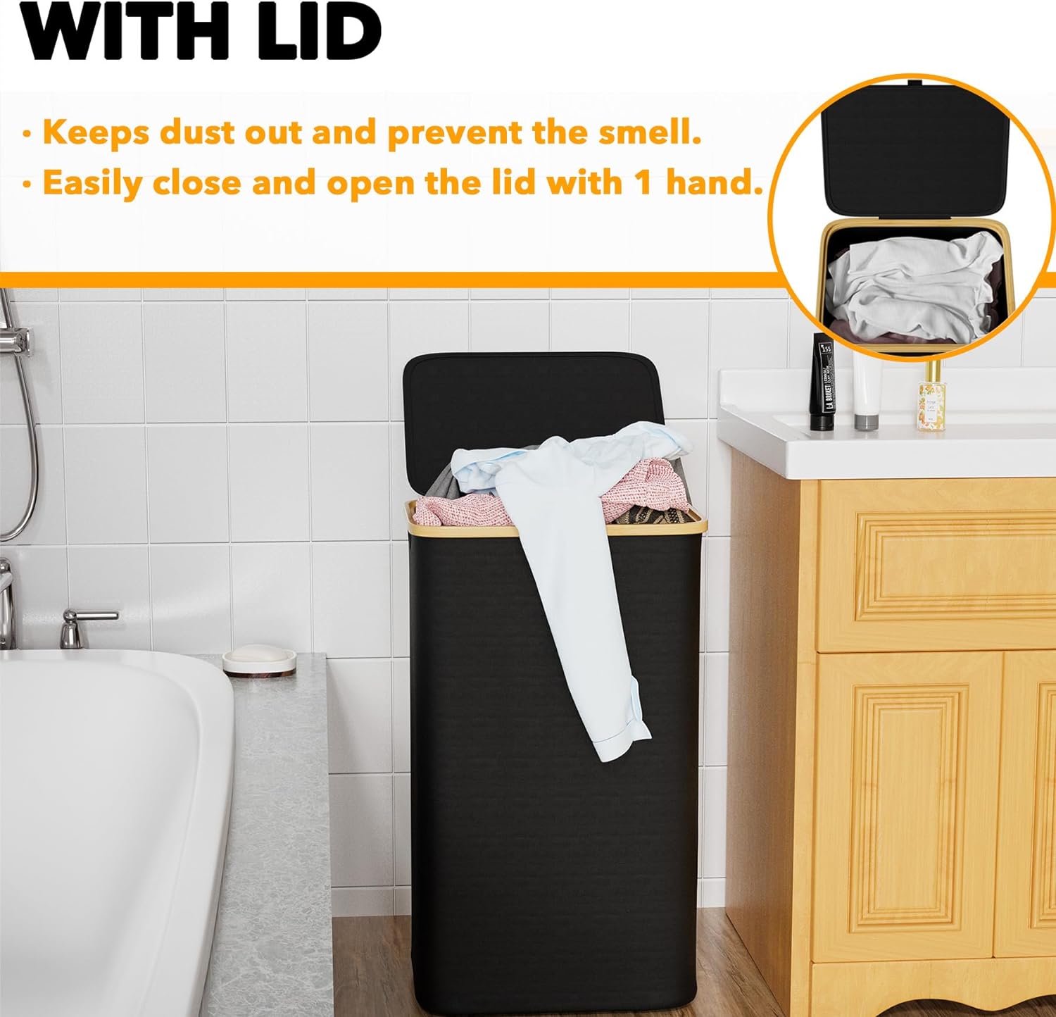 Thumbnail 2 de SpaceAid 110L Large Tall Laundry Hamper with Lid, Collapsible Bamboo-Handle Clothes Basket Bin (Black)