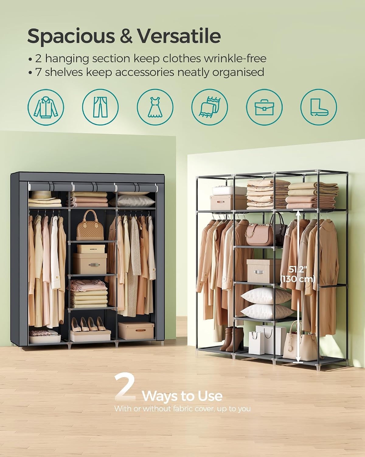 Detalle 2 de SONGMICS RYG12G fabric wardrobe cupboard with hanging rails and shelves, 175 x 150 x 45 cm (grey)