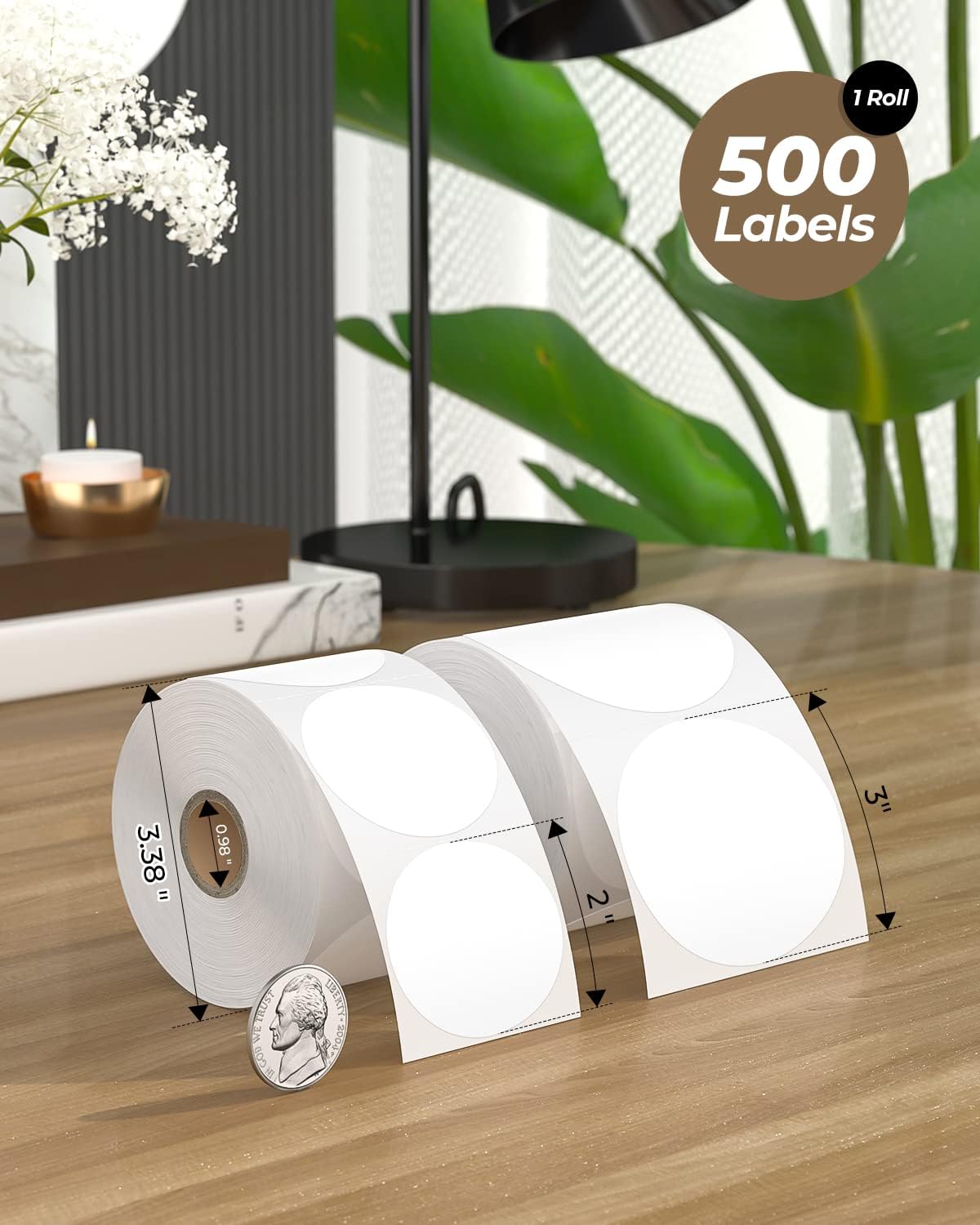 Detalle 2 de MUNBYN 76x76mm White Circle Thermal Sticker Labels (500 labels/roll) for direct thermal printers