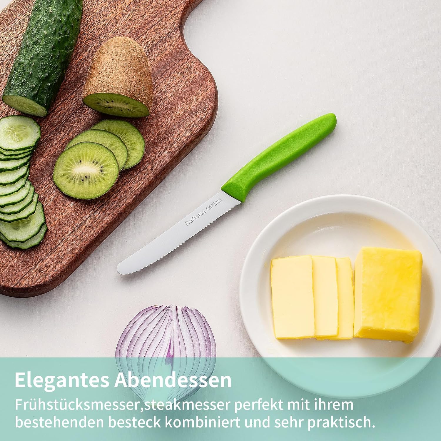 Detalle de Ruffulon Tafelmesser-Set (4 Stück) mit Wellentsschliff – Tomaten-/Brotmesser für Frühstück, Snack & Party