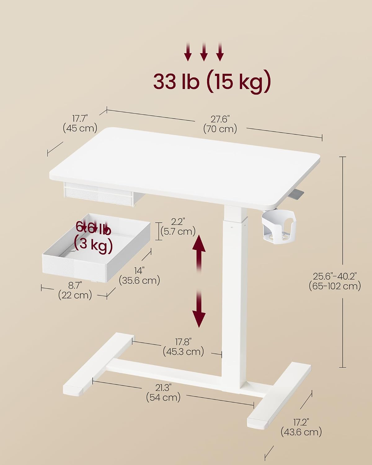 Detalle de VASAGLE Balok Collection LSD610WZ01 Overbed Table with Drawer, Adjustable Height
