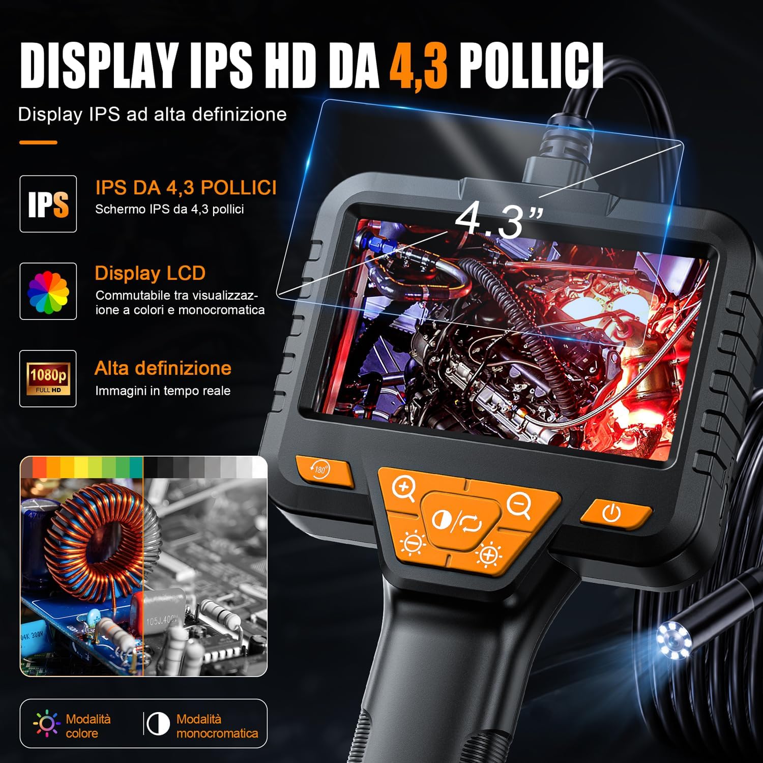 Detalle de Endoscopio Industriale SKYBASIC: Telecamera di ispezione 10 m con schermo IPS 4,3'' e LED regolabili