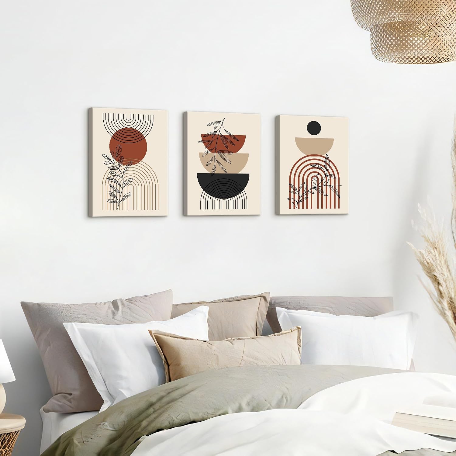 Detalle de 3 Pcs Boho Beige Canvas Wall Art – Geometric Black Leaf Trio, 30x40 cm Each