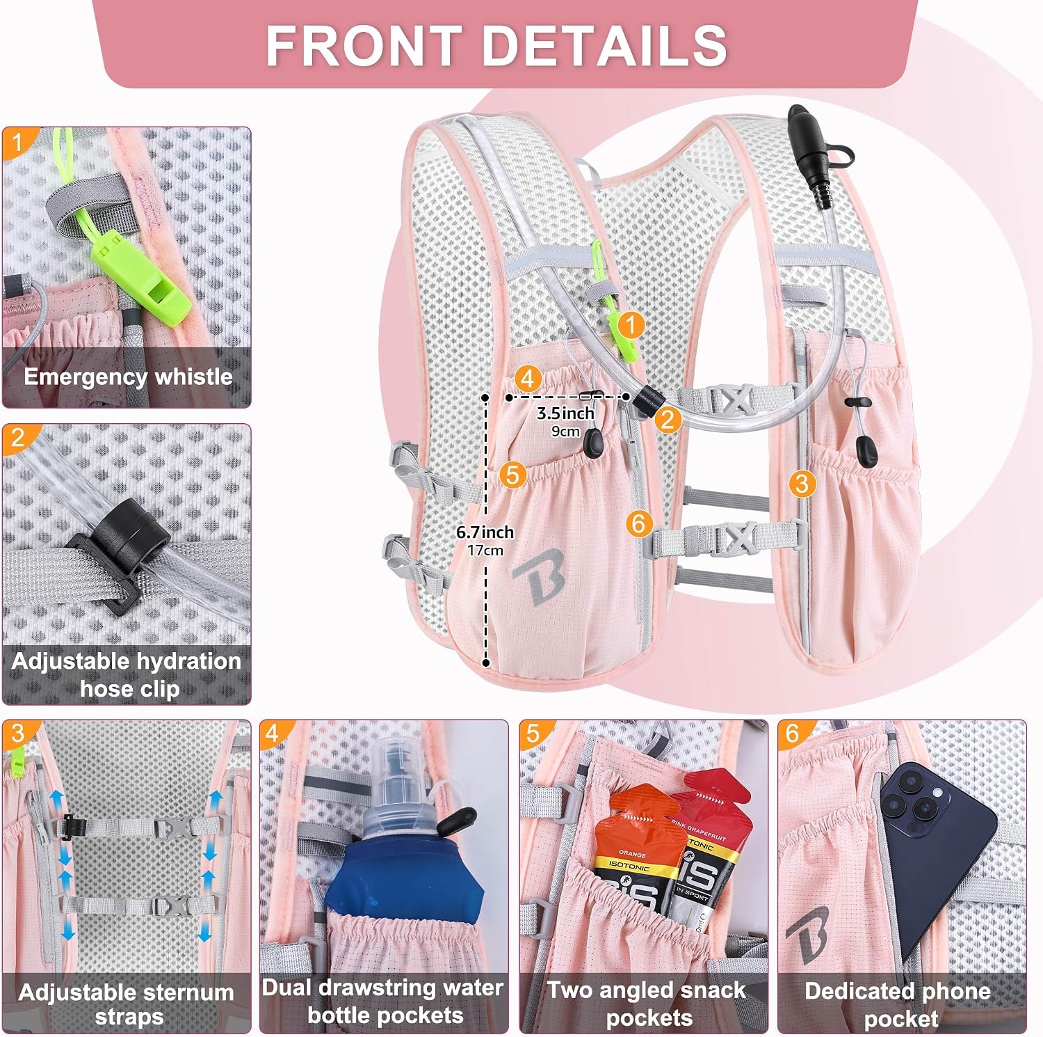Detalle 2 de BECOJADDE 6L Running Vest with 2L Hydration Bladder and 8 Pockets