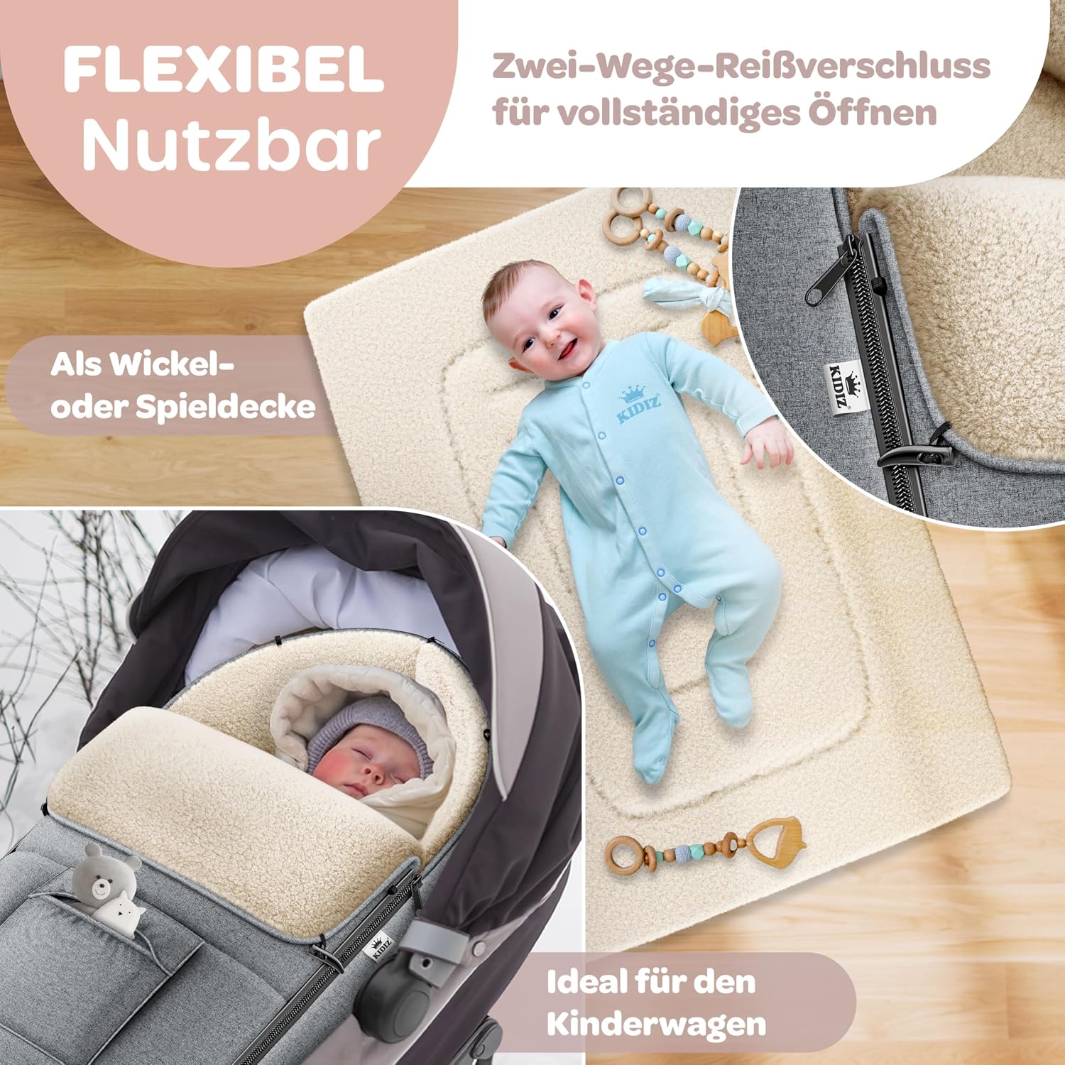 Detalle de Kidiz Babyfußsack Winter für Babyschale & Kinderwagen (Jeans Grau) mit Reißverschluss und verschließbarem Kopfteil