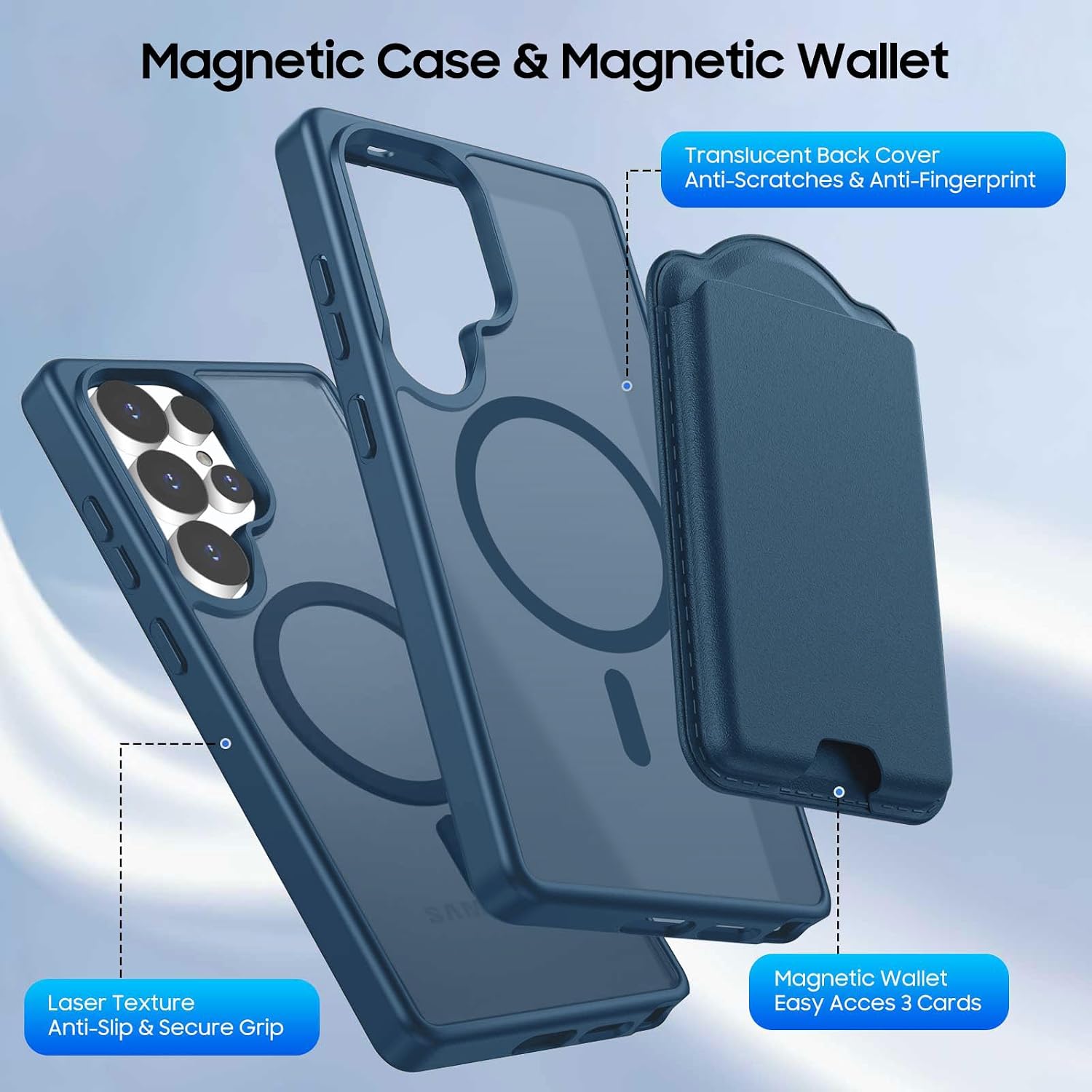 Detalle de Ntwinro Magnetic Wallet Case for Galaxy S25 Ultra, Deep Blue, Detachable Holder