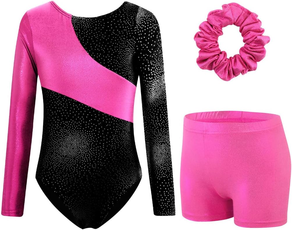 Thumbnail 6 de XiaoMoSha Girls Three-Piece Gymnastics Leotards Set: Long Sleeve Leotard, Shorts & Hairband (3–12 Years)