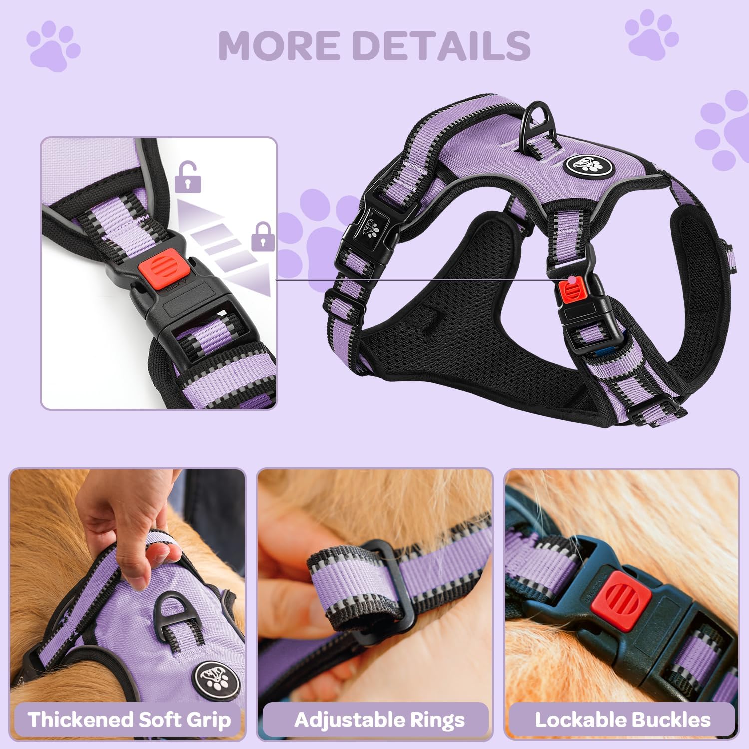 Detalle de FURRYFECTION Dog Harness – No Pull, Reflective Oxford with Padded Handle (Size L, Light Purple)