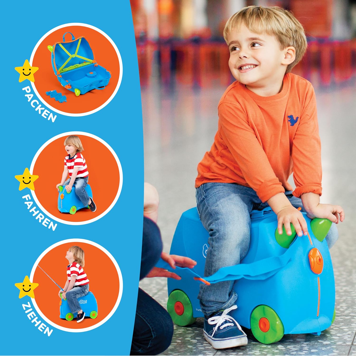 Detalle de Trunki Der originale Kinderkoffer zum Draufsitzen – 18 L Handgepäck, befahrbarer Hartschalen Reisekoffer mit Rollen