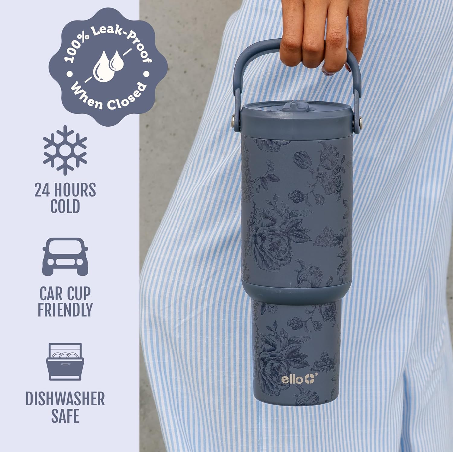 Detalle de Ello Oasis Go+ 26oz Tumbler with Top Handle and Retracting Straw (Rose Navy)